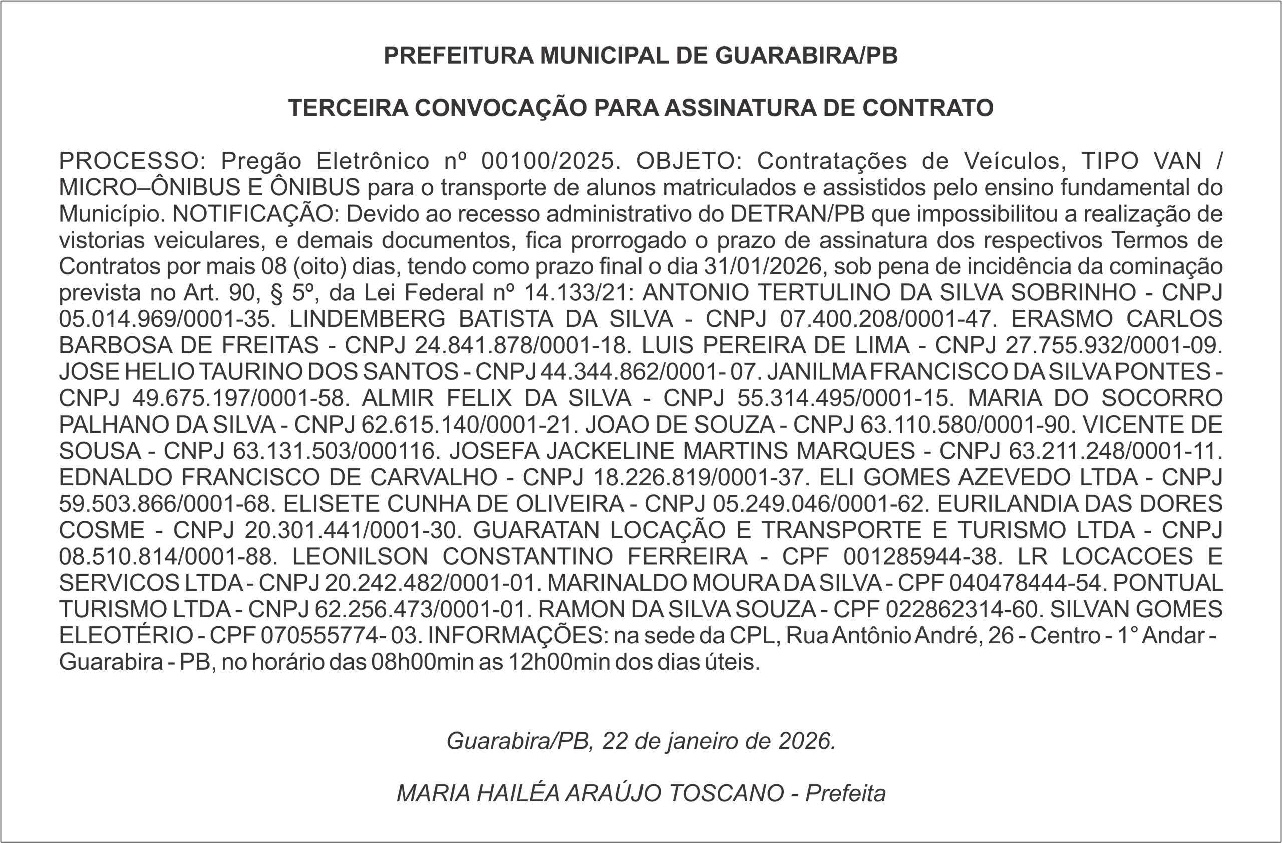 PREFEITURA MUNICIPAL DE GUARABIRA/PB – TERCEIRA CONVOCAÇÃO PARA ASSINATURA DE CONTRATO