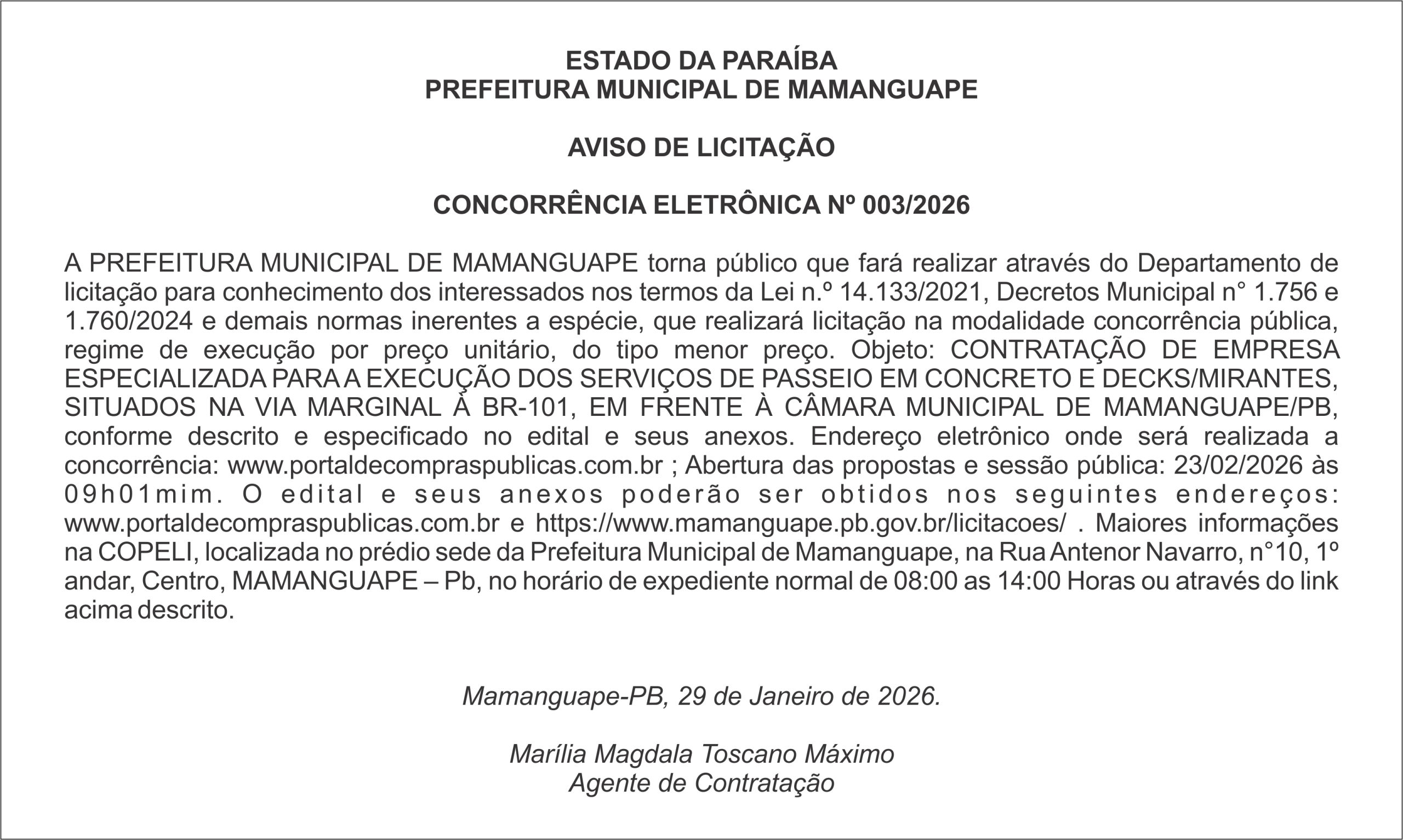 PREFEITURA MUNICIPAL DE MAMANGUAPE – AVISO DE LICITAÇÃO – CONCORRÊNCIA ELETRÔNICA Nº 003/2026