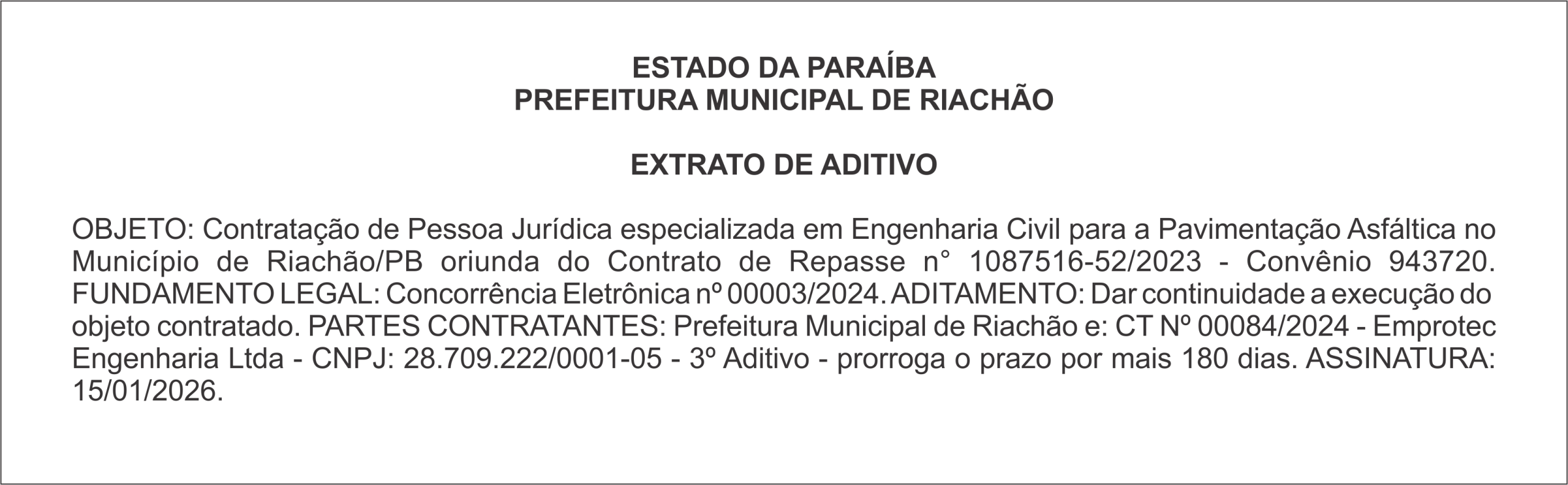 PREFEITURA MUNICIPAL DE RIACHÃO – EXTRATO DE ADITIVO