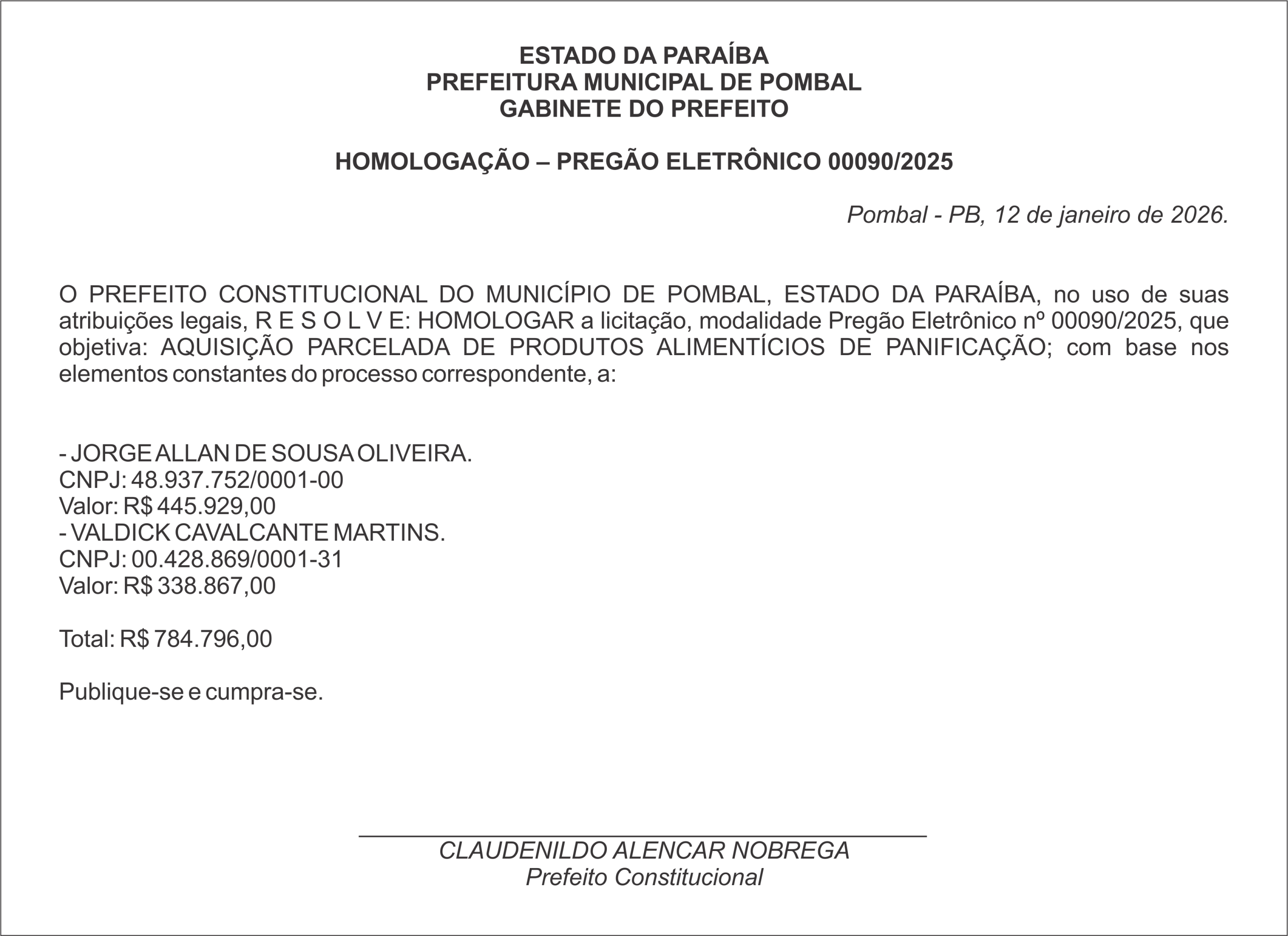 PREFEITURA MUNICIPAL DE POMBAL – HOMOLOGAÇÃO – PREGÃO ELETRÔNICO 00090/2025