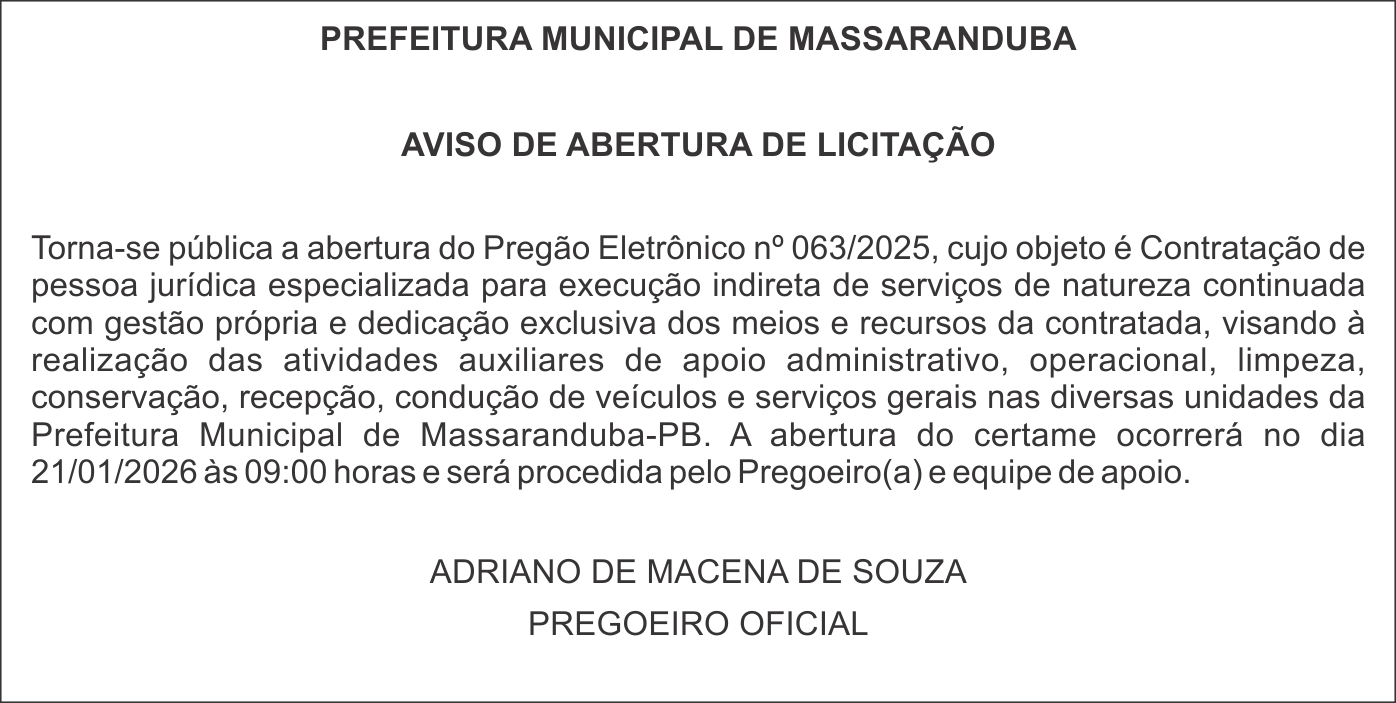 PREFEITURA MUNICIPAL DE MASSARANDUBA – AVISO DE ABERTURA DE LICITAÇÃO