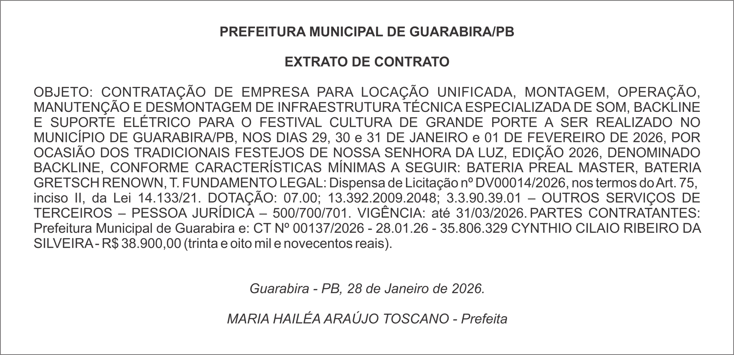 PREFEITURA MUNICIPAL DE GUARABIRA/PB – EXTRATO DE CONTRATO