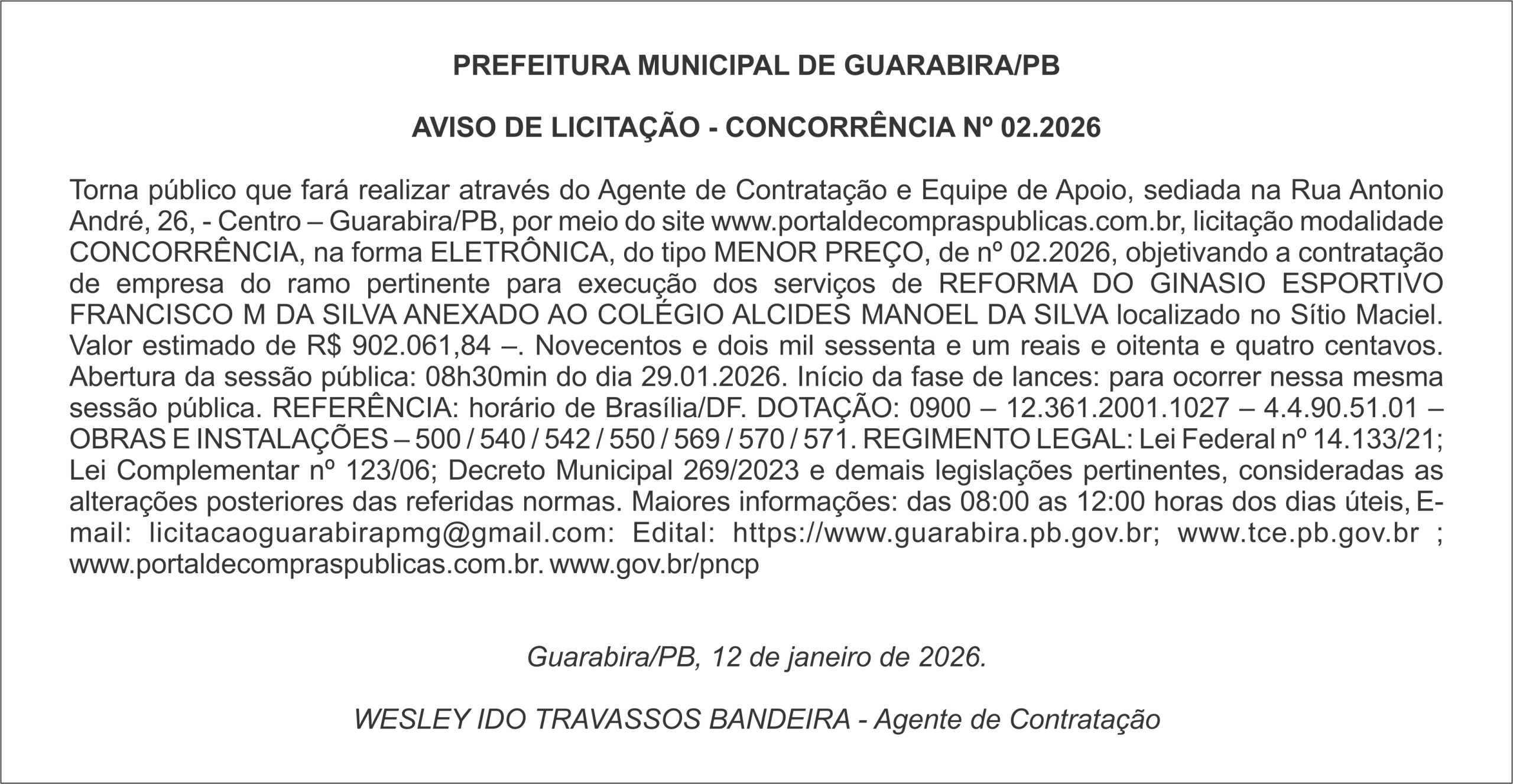 PREFEITURA MUNICIPAL DE GUARABIRA/PB AVISO DE LICITAÇÃO – CONCORRÊNCIA Nº 02.2026