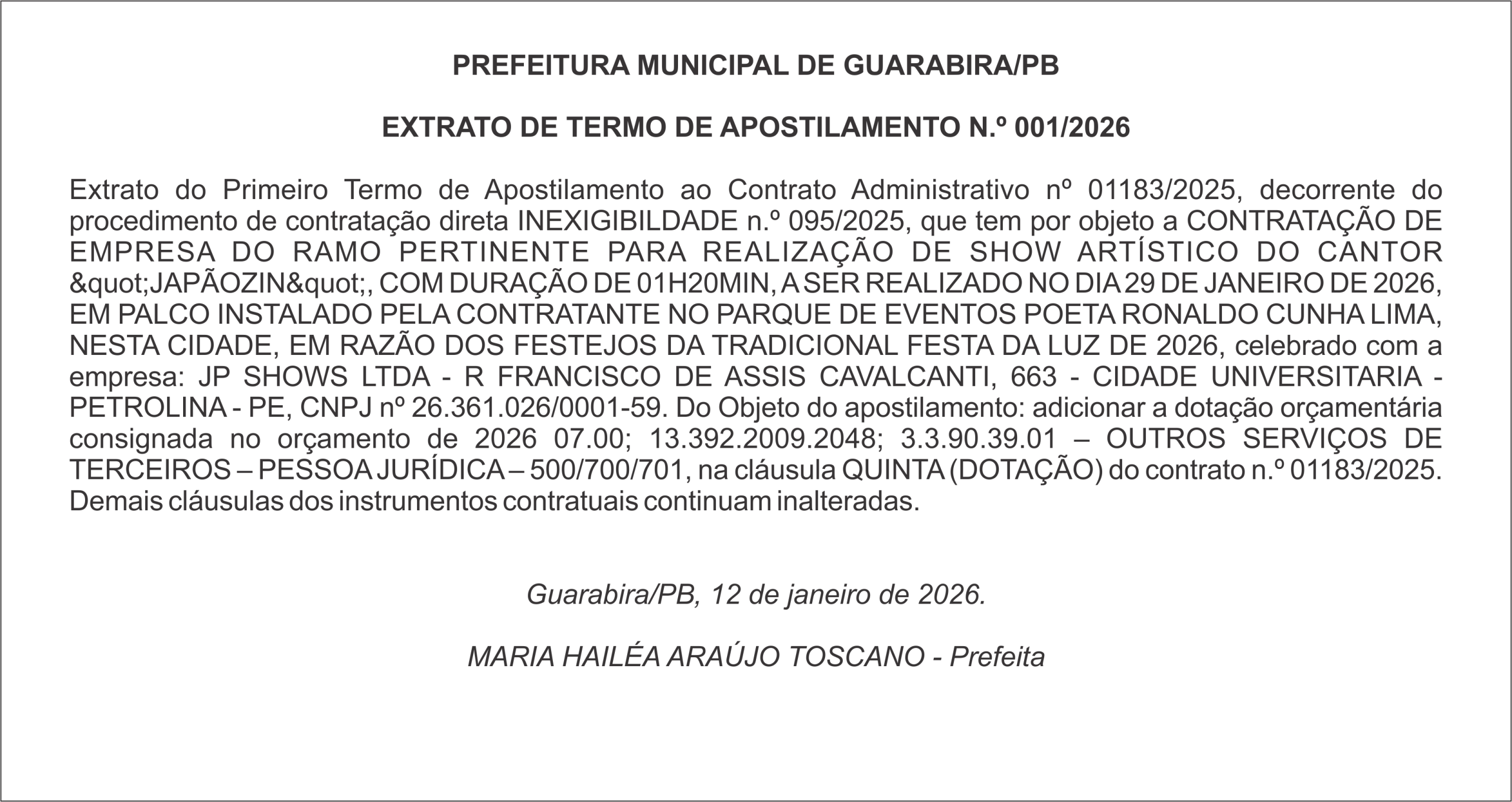 PREFEITURA MUNICIPAL DE GUARABIRA/PB – EXTRATO DE TERMO DE APOSTILAMENTO