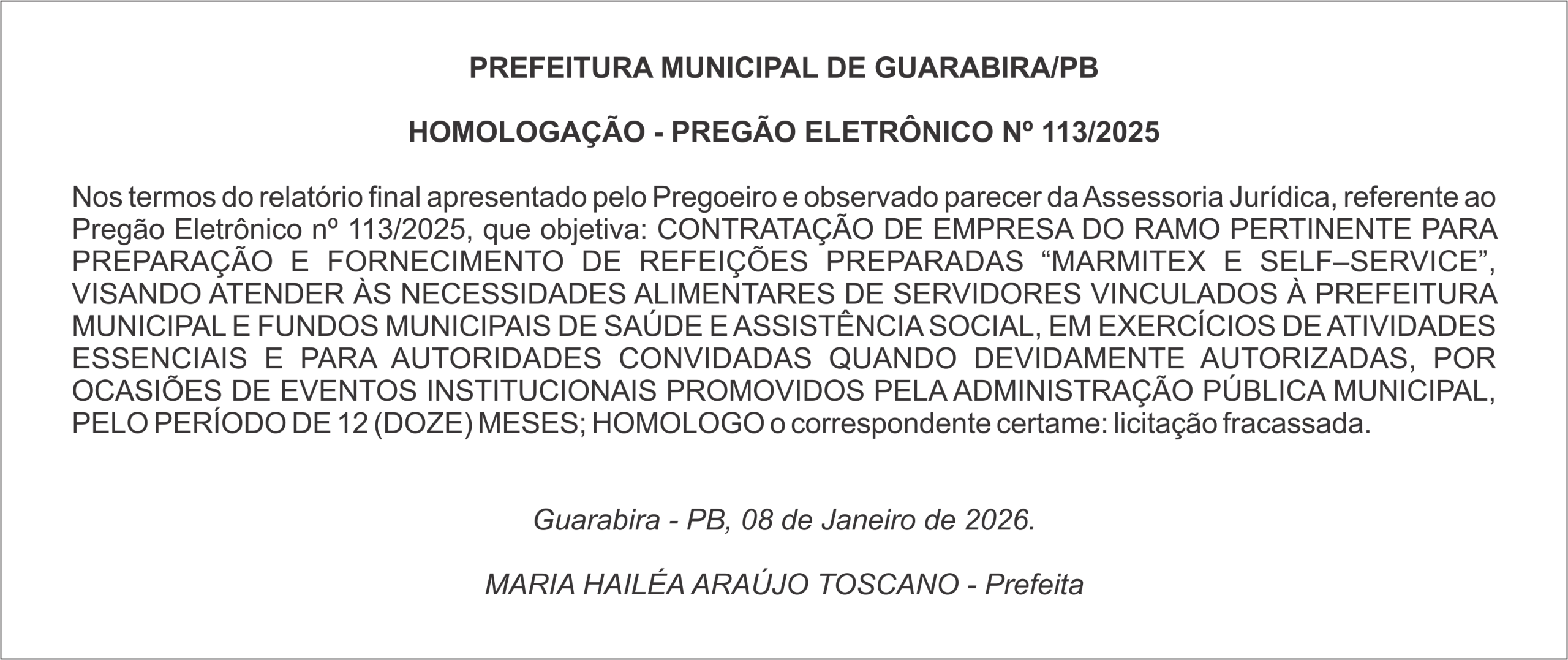 PREFEITURA MUNICIPAL DE GUARABIRA/PB HOMOLOGAÇÃO – PREGÃO ELETRÔNICO Nº 113/2025