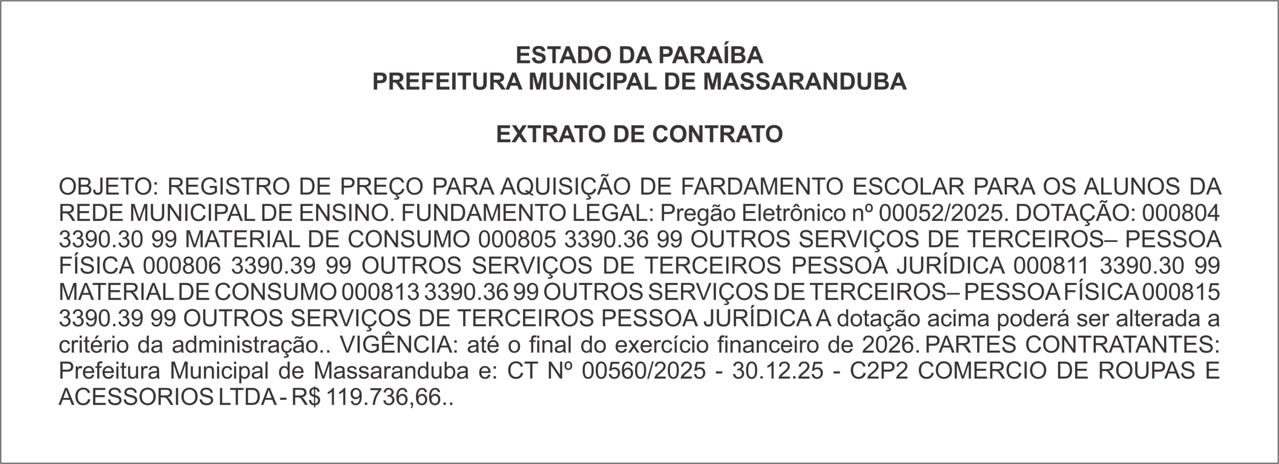 PREFEITURA MUNICIPAL DE MASSARANDUBA – EXTRATO DE CONTRATO