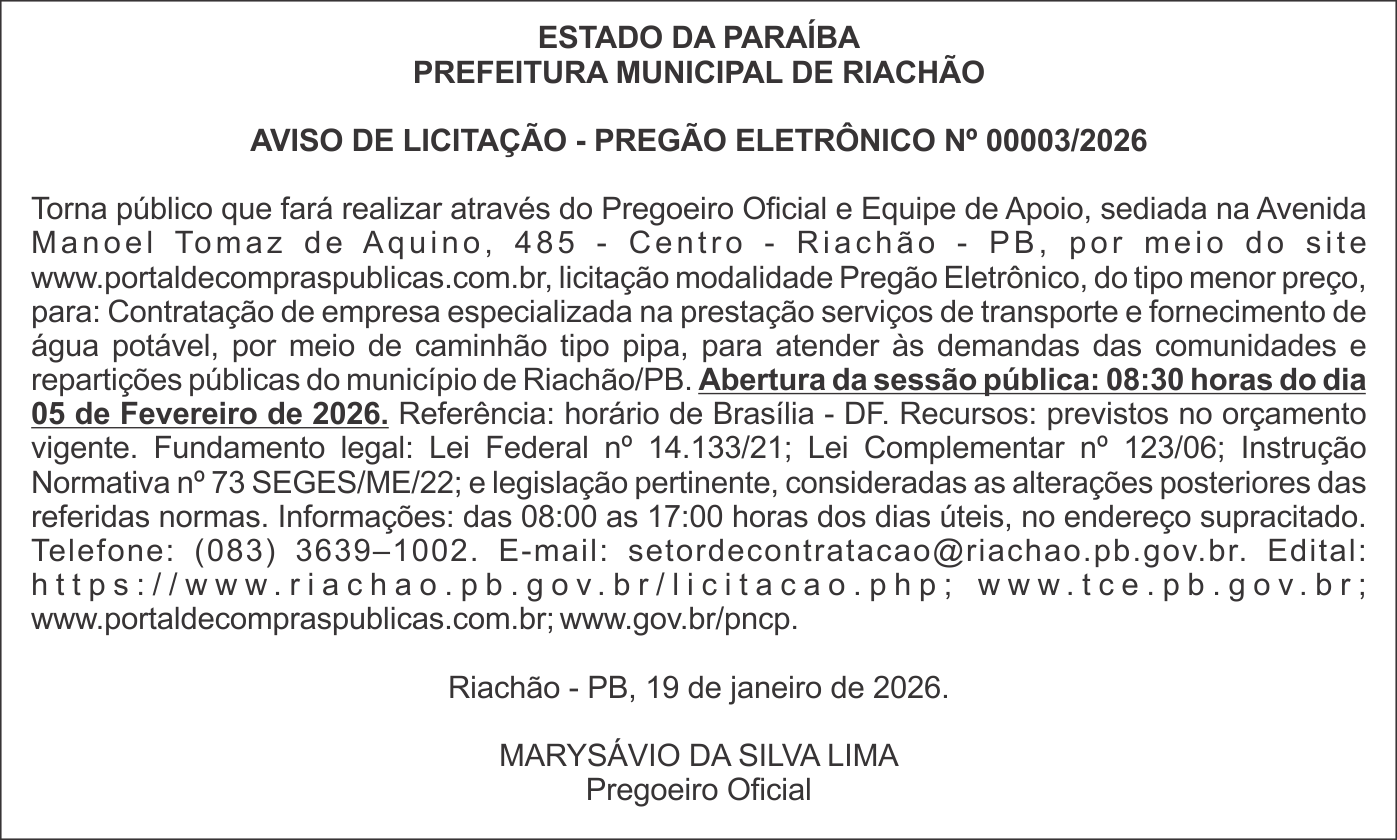 PREFEITURA MUNICIPAL DE RIACHÃO – AVISO DE LICITAÇÃO – PREGÃO ELETRÔNICO Nº 00003/2026