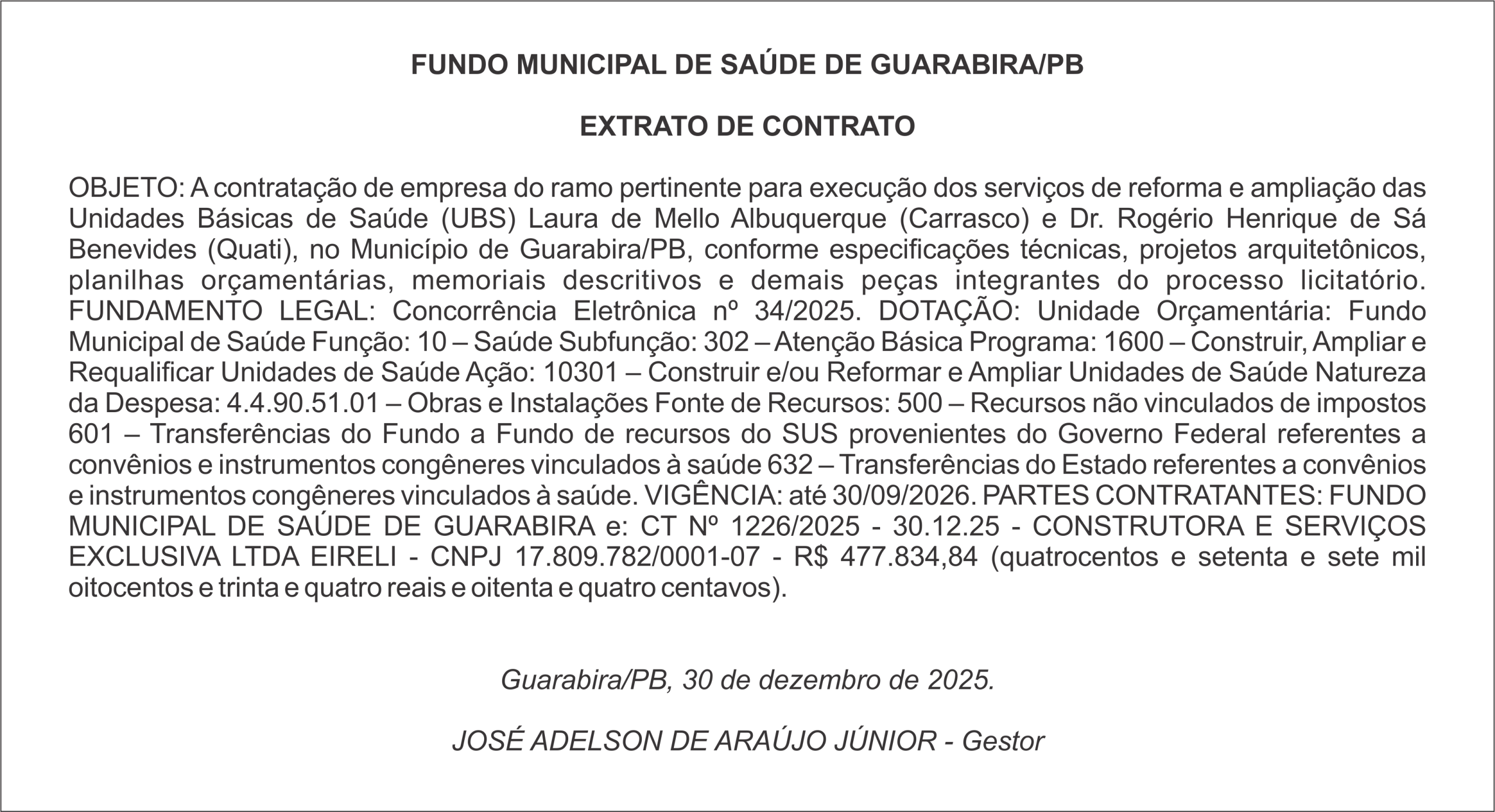 FUNDO MUNICIPAL DE SAÚDE DE GUARABIRA/PB  EXTRATO DE CONTRATO