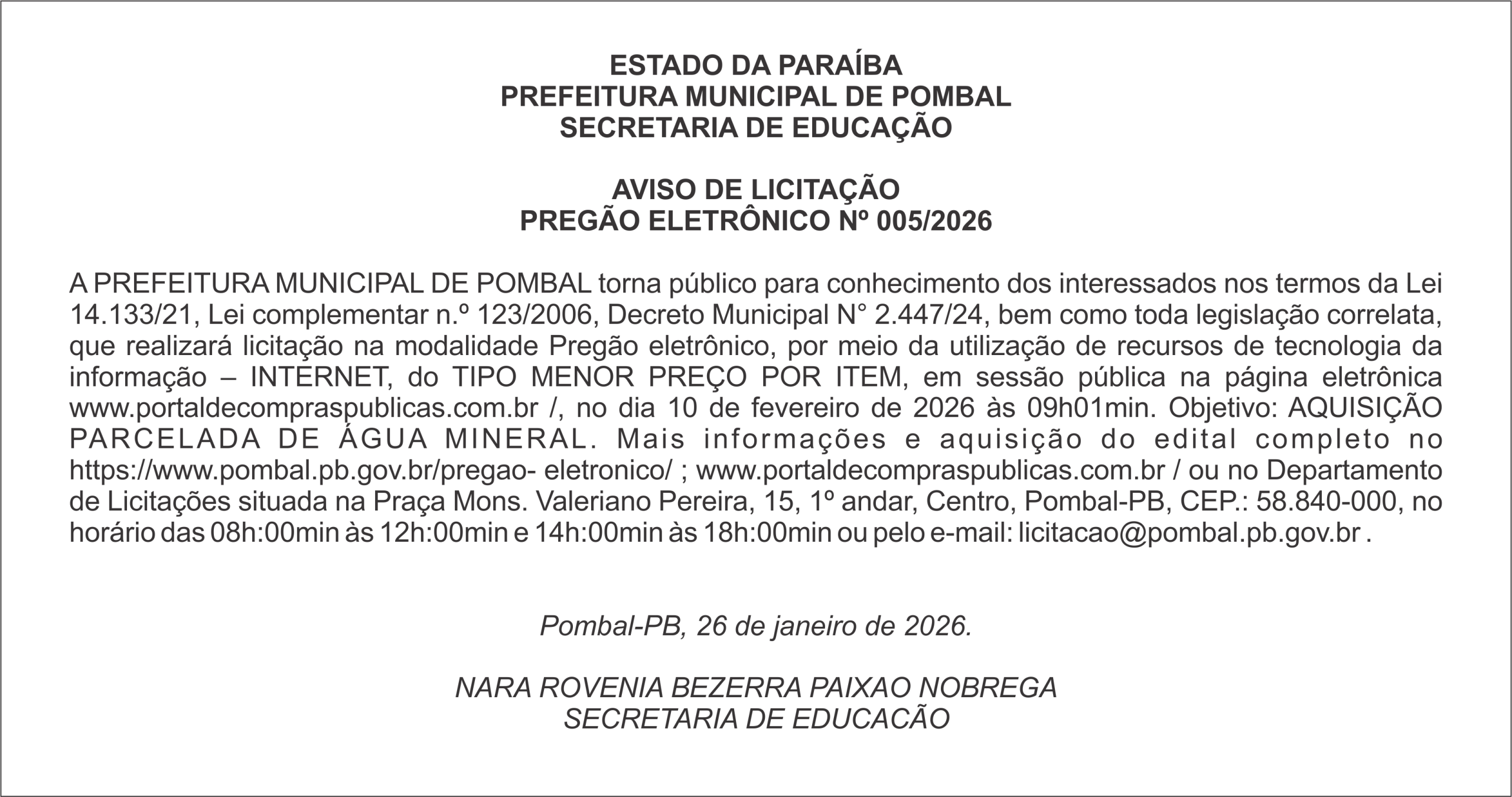 PREFEITURA MUNICIPAL DE POMBAL – AVISO DE LICITAÇÃO – PREGÃO ELETRÔNICO Nº 005/2026