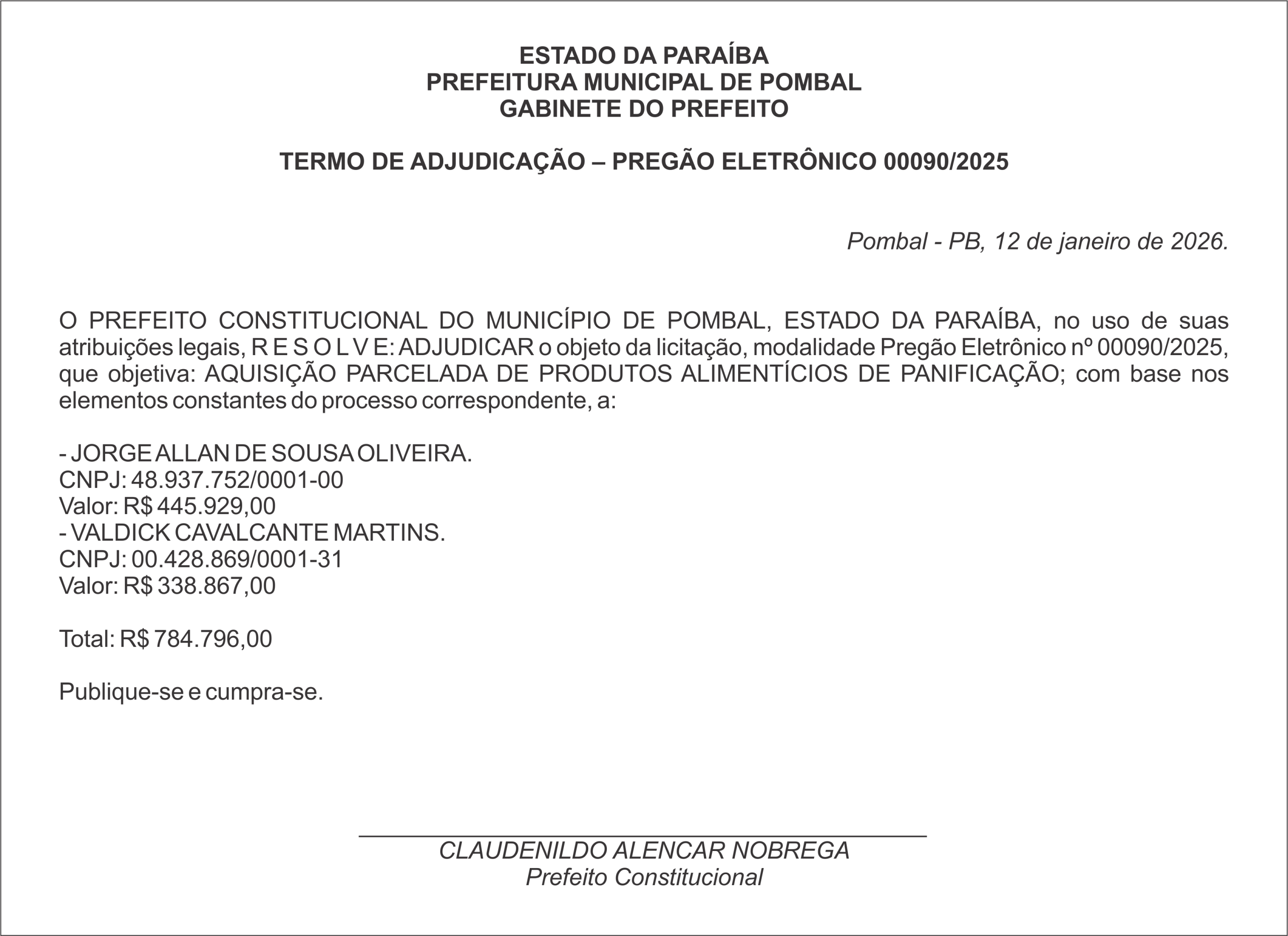 PREFEITURA MUNICIPAL DE POMBAL – TERMO DE ADJUDICAÇÃO – PREGÃO ELETRÔNICO 00090/2025
