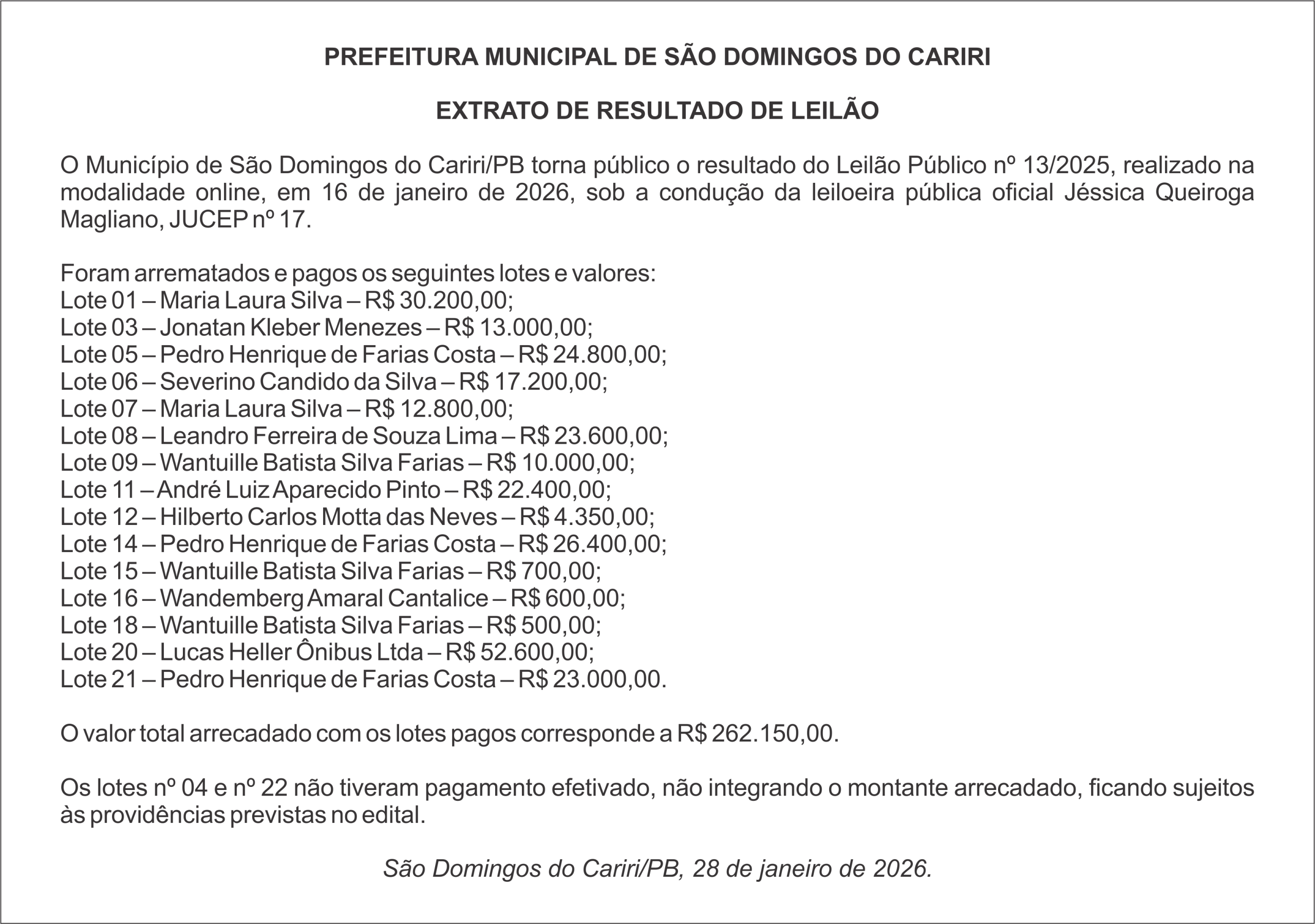 PREFEITURA MUNICIPAL DE SÃO DOMINGOS DO CARIRI – EXTRATO DE RESULTADO DE LEILÃO