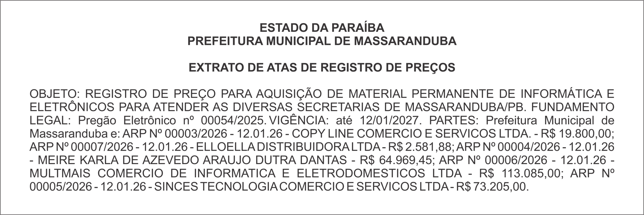 PREFEITURA MUNICIPAL DE MASSARANDUBA – EXTRATO DE ATAS DE REGISTRO DE PREÇOS