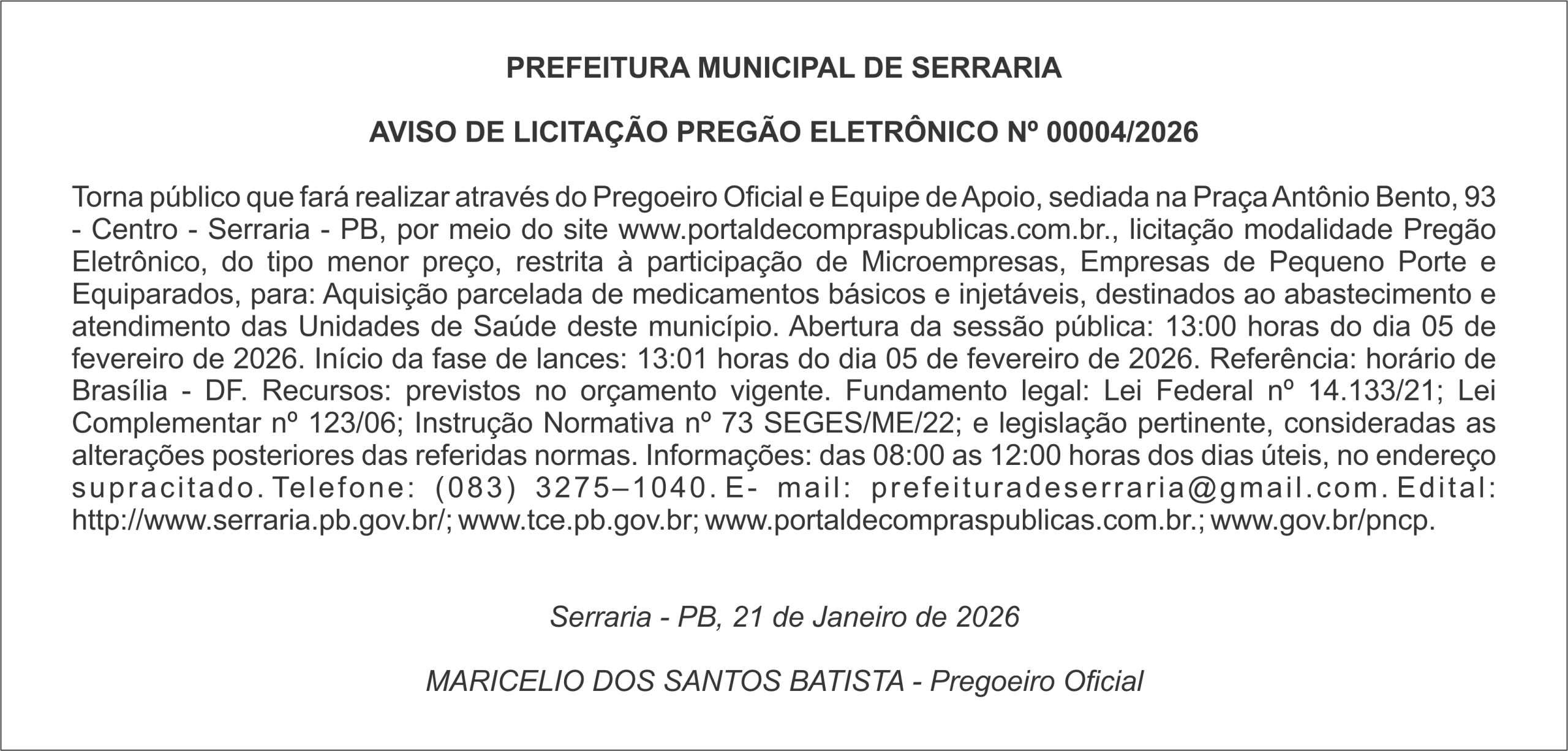 PREFEITURA MUNICIPAL DE SERRARIA – AVISO DE LICITAÇÃO – PREGÃO ELETRÔNICO Nº 00004/2026