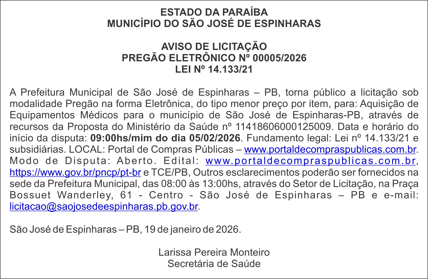 PREFEITURA DE SÃO  JOSÉ DE ESPINHARAS – AVISO DE LICITAÇÃO PREGÃO ELETRÔNICO Nº 00005/2026