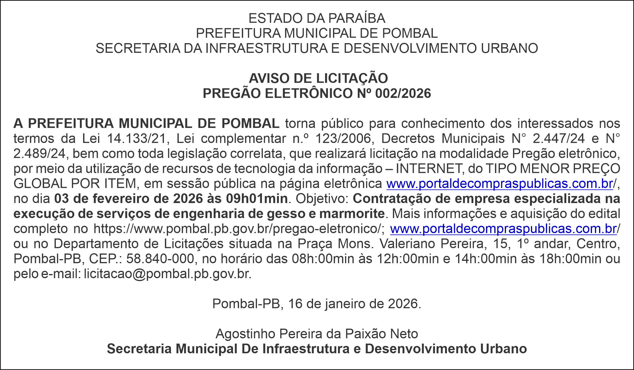 PREFEITURA MUNICIPAL DE POMBAL – AVISO DE LICITAÇÃO – PREGÃO ELETRÔNICO Nº 002/2026