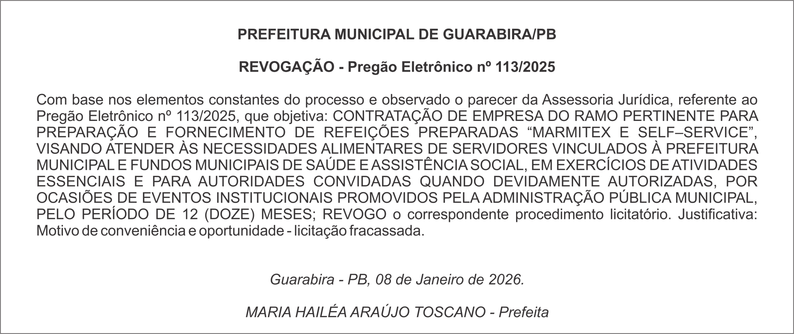 PREFEITURA MUNICIPAL DE GUARABIRA/PB REVOGAÇÃO – Pregão Eletrônico nº 113/2025
