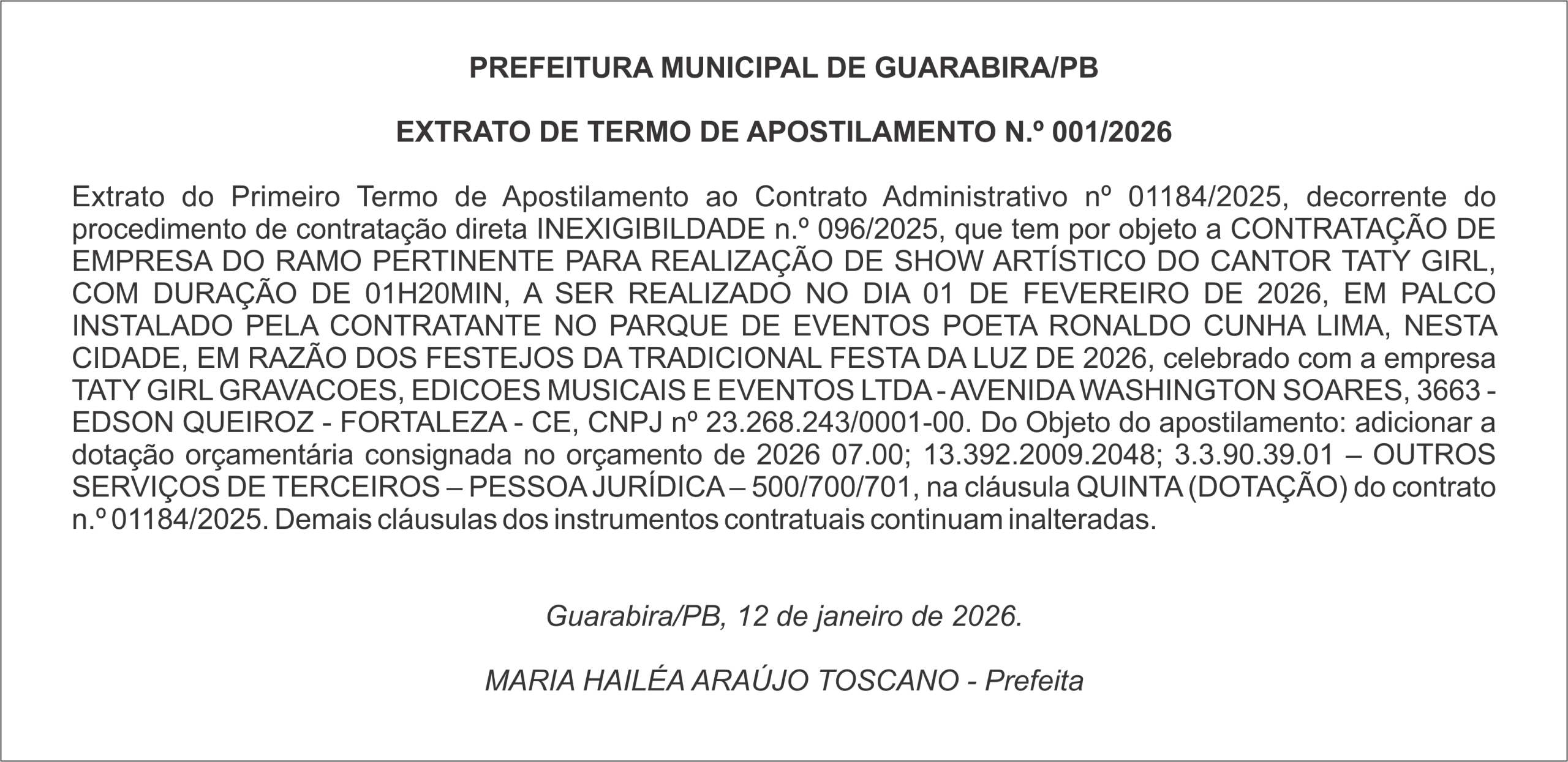 PREFEITURA MUNICIPAL DE GUARABIRA/PB – EXTRATO DE TERMO DE APOSTILAMENTO