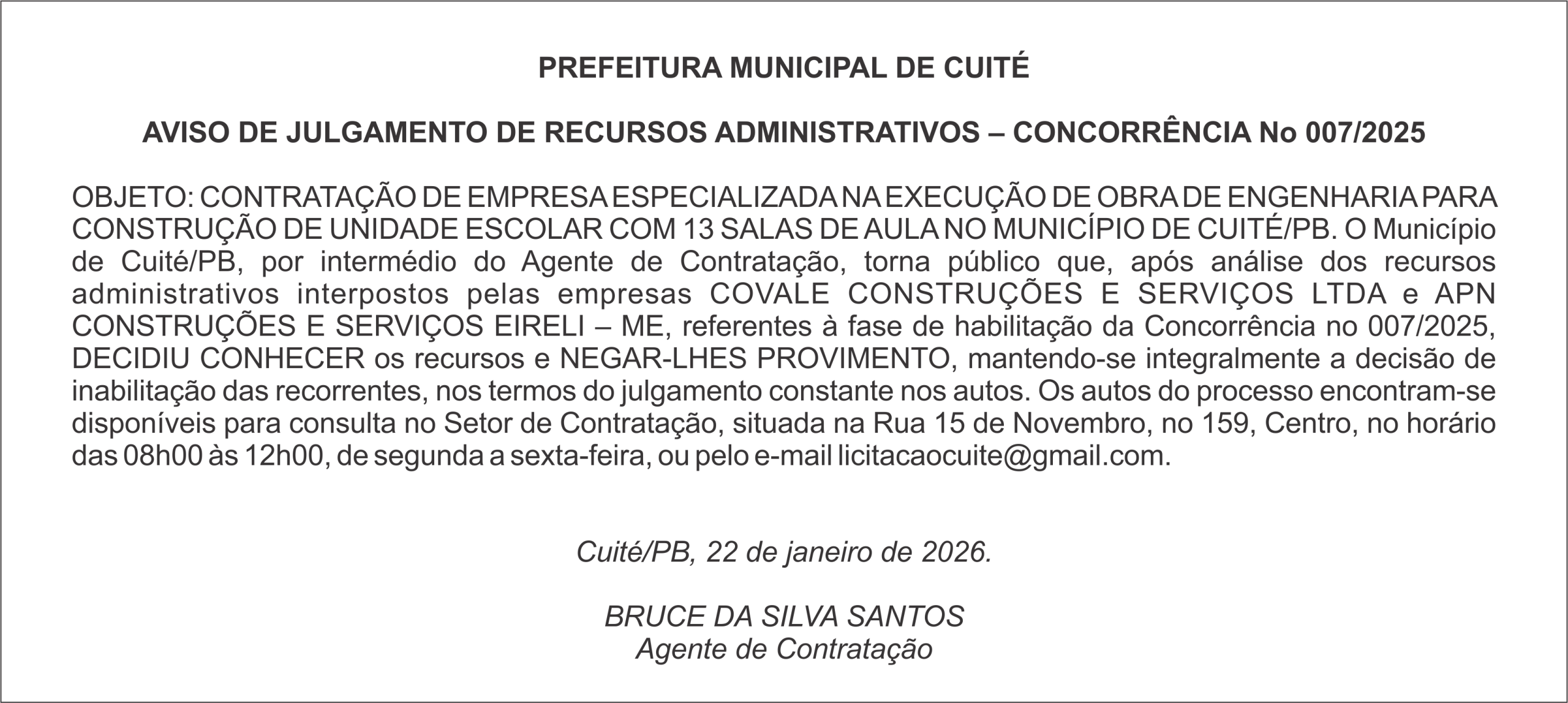 PREFEITURA MUNICIPAL DE CUITÉ – AVISO DE JULGAMENTO DE RECURSOS ADMINISTRATIVOS – CONCORRÊNCIA No 007/2025