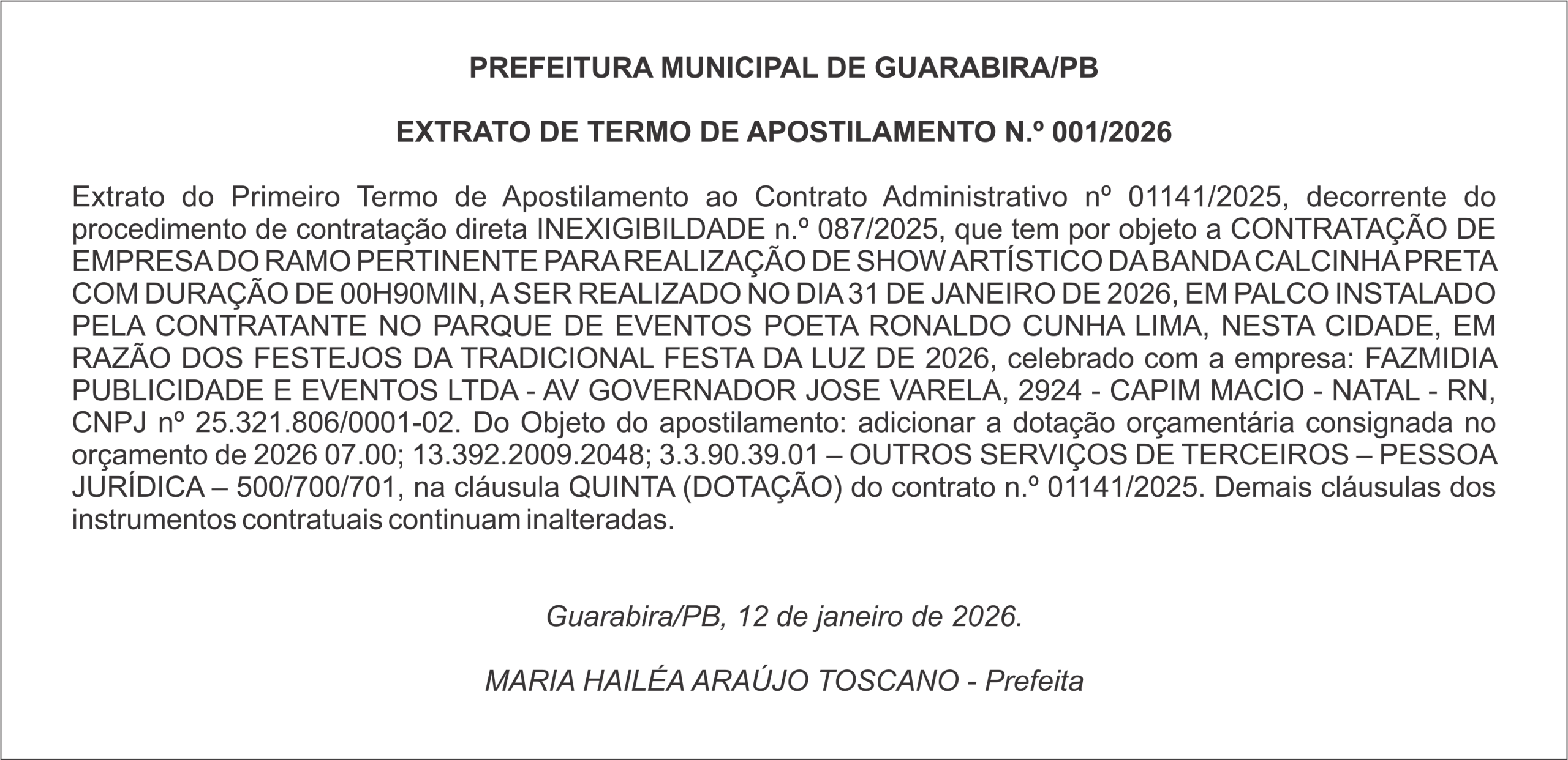PREFEITURA MUNICIPAL DE GUARABIRA/PB – EXTRATO DE TERMO DE APOSTILAMENTO