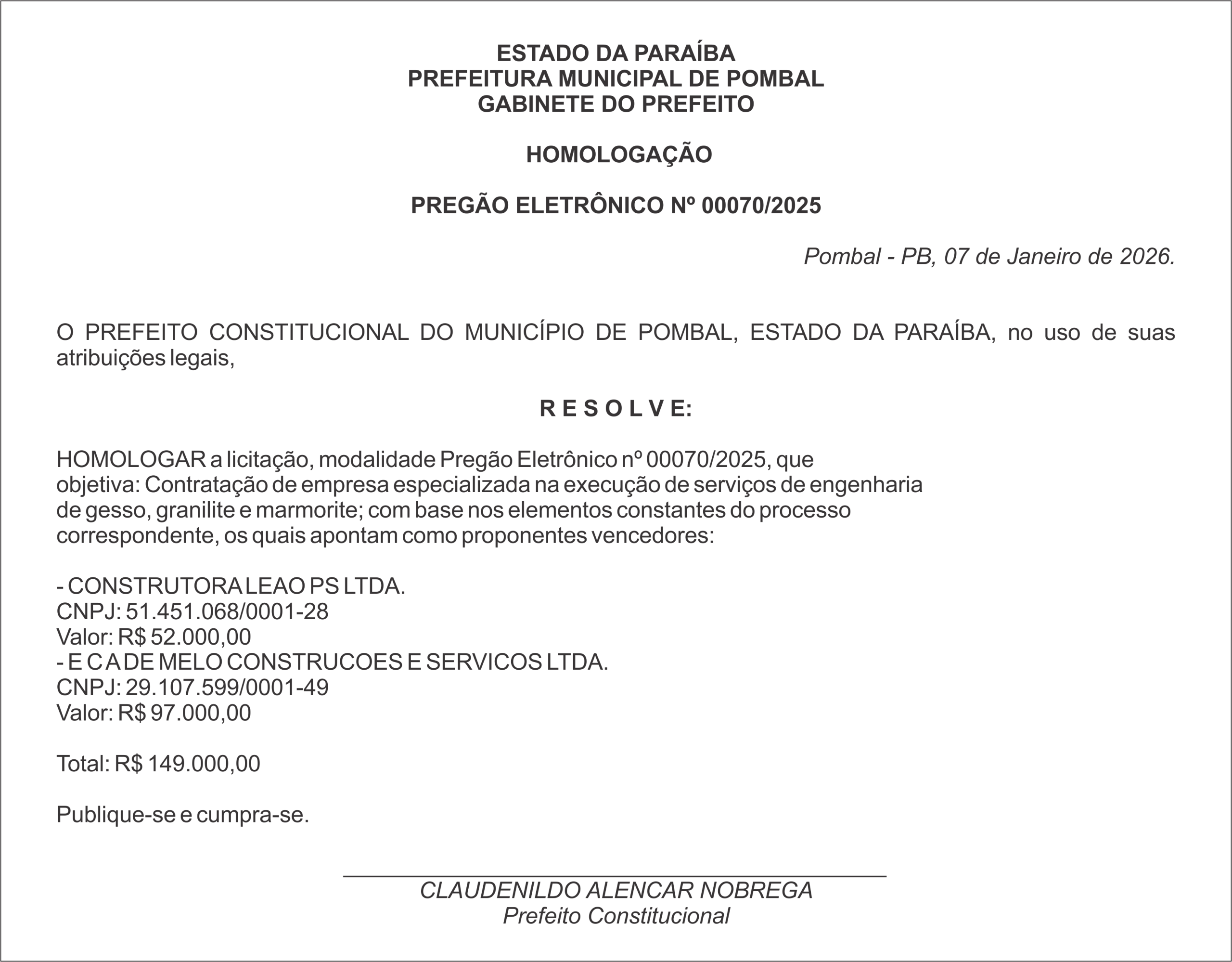 PREFEITURA MUNICIPAL DE POMBAL – HOMOLOGAÇÃO – PREGÃO ELETRÔNICO Nº 00070/2025