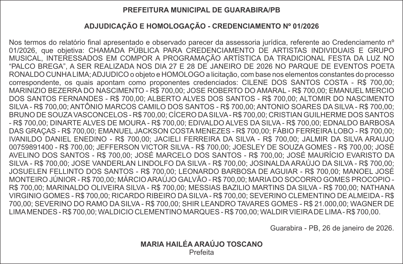 PREFEITURA MUNICIPAL DE GUARABIRA/PB – ADJUDICAÇÃO E HOMOLOGAÇÃO – CREDENCIAMENTO Nº 01/2026