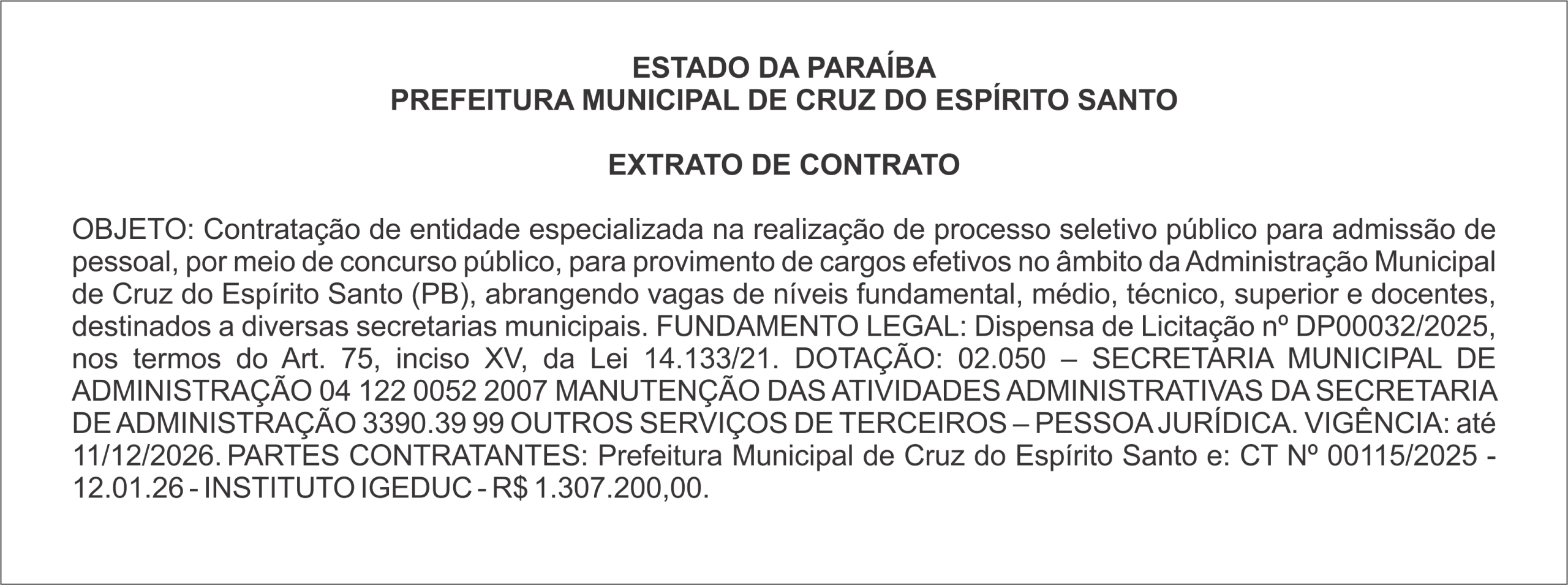 PREFEITURA MUNICIPAL DE CRUZ DO ESPÍRITO SANTO – EXTRATO DE CONTRATO