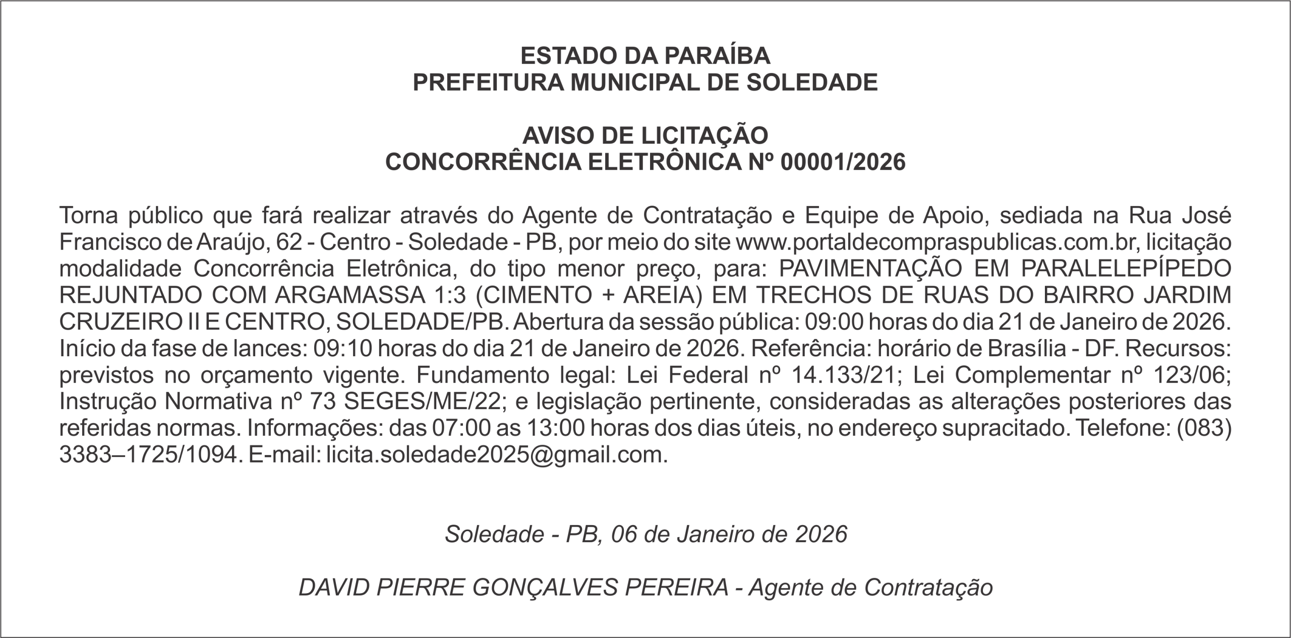 PREFEITURA MUNICIPAL DE SOLEDADE – AVISO DE LICITAÇÃO – CONCORRÊNCIA ELETRÔNICA Nº 00001/2026