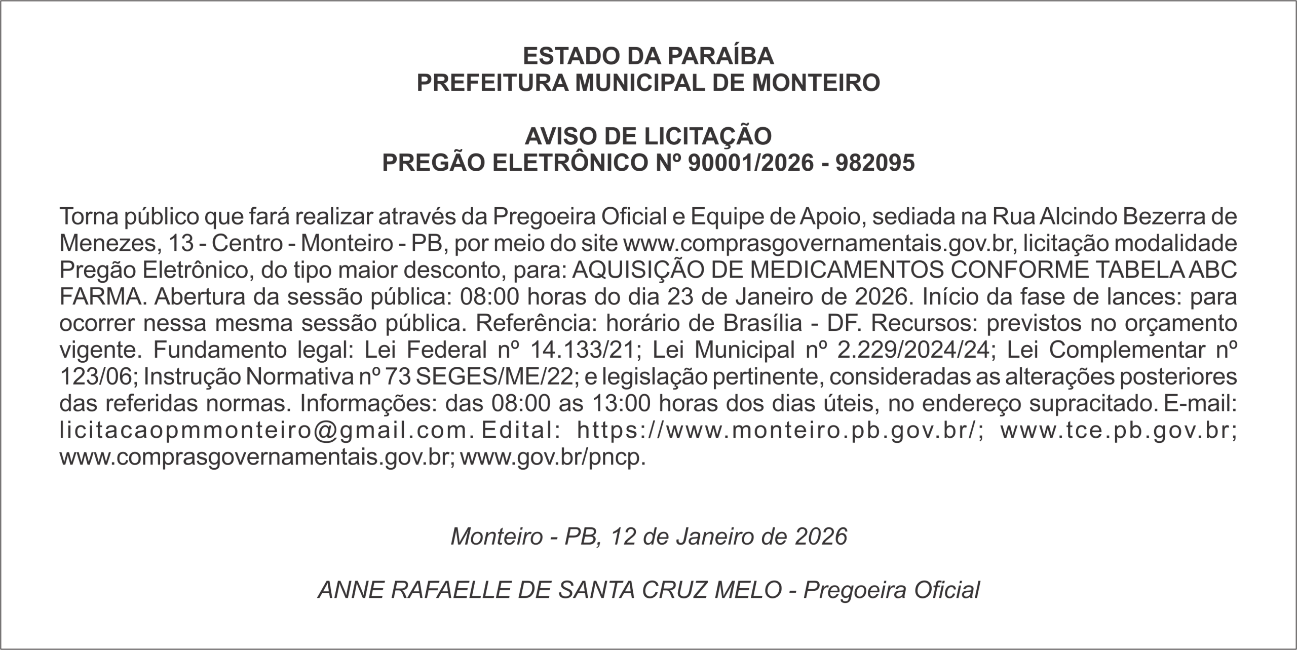 PREFEITURA MUNICIPAL DE MONTEIRO – AVISO DE LICITAÇÃO PREGÃO ELETRÔNICO Nº 90001/2026 – 982095