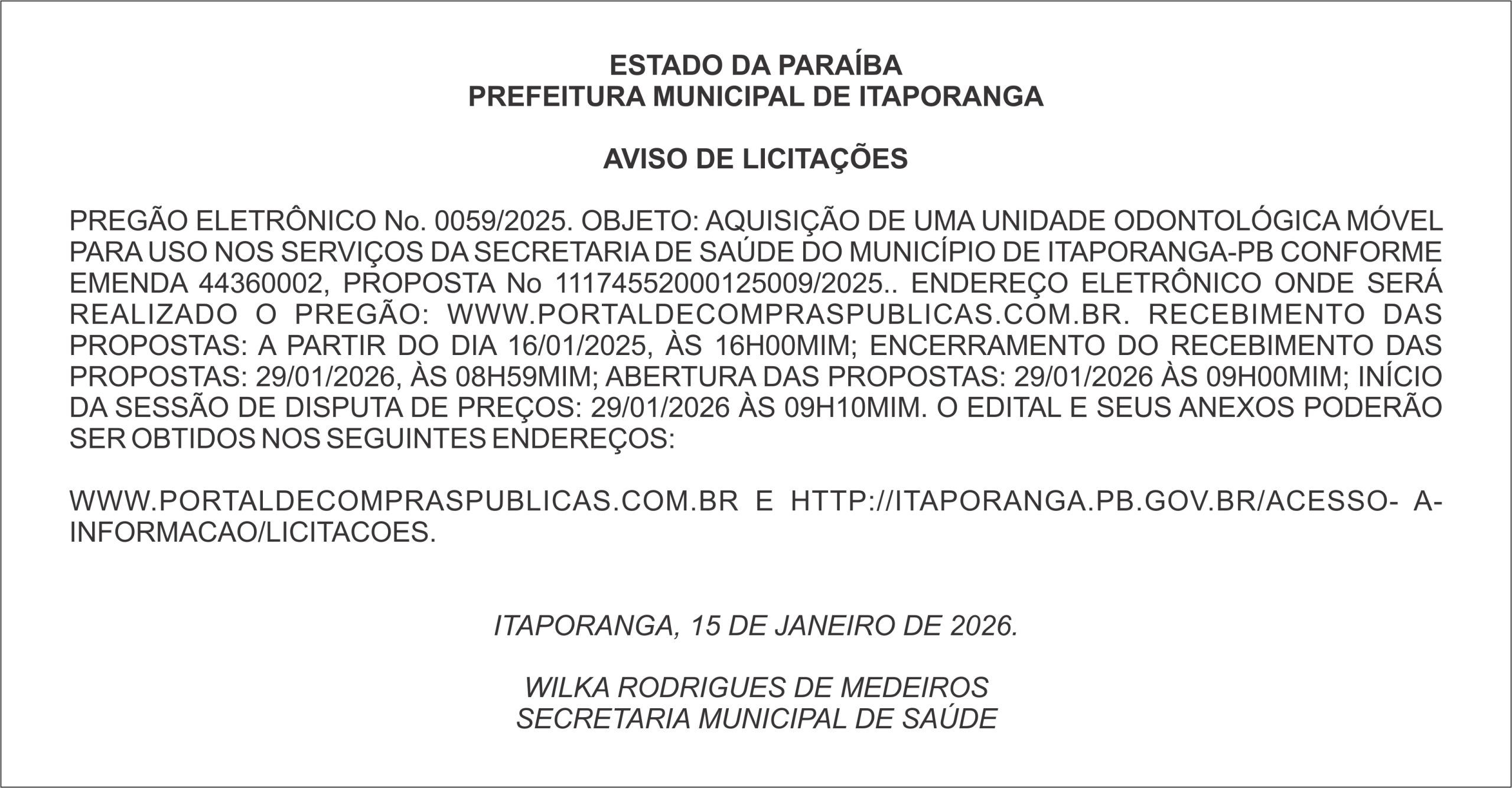 PREFEITURA MUNICIPAL DE ITAPORANGA – AVISO DE LICITAÇÕES – PREGÃO ELETRÔNICO No. 0059/2025