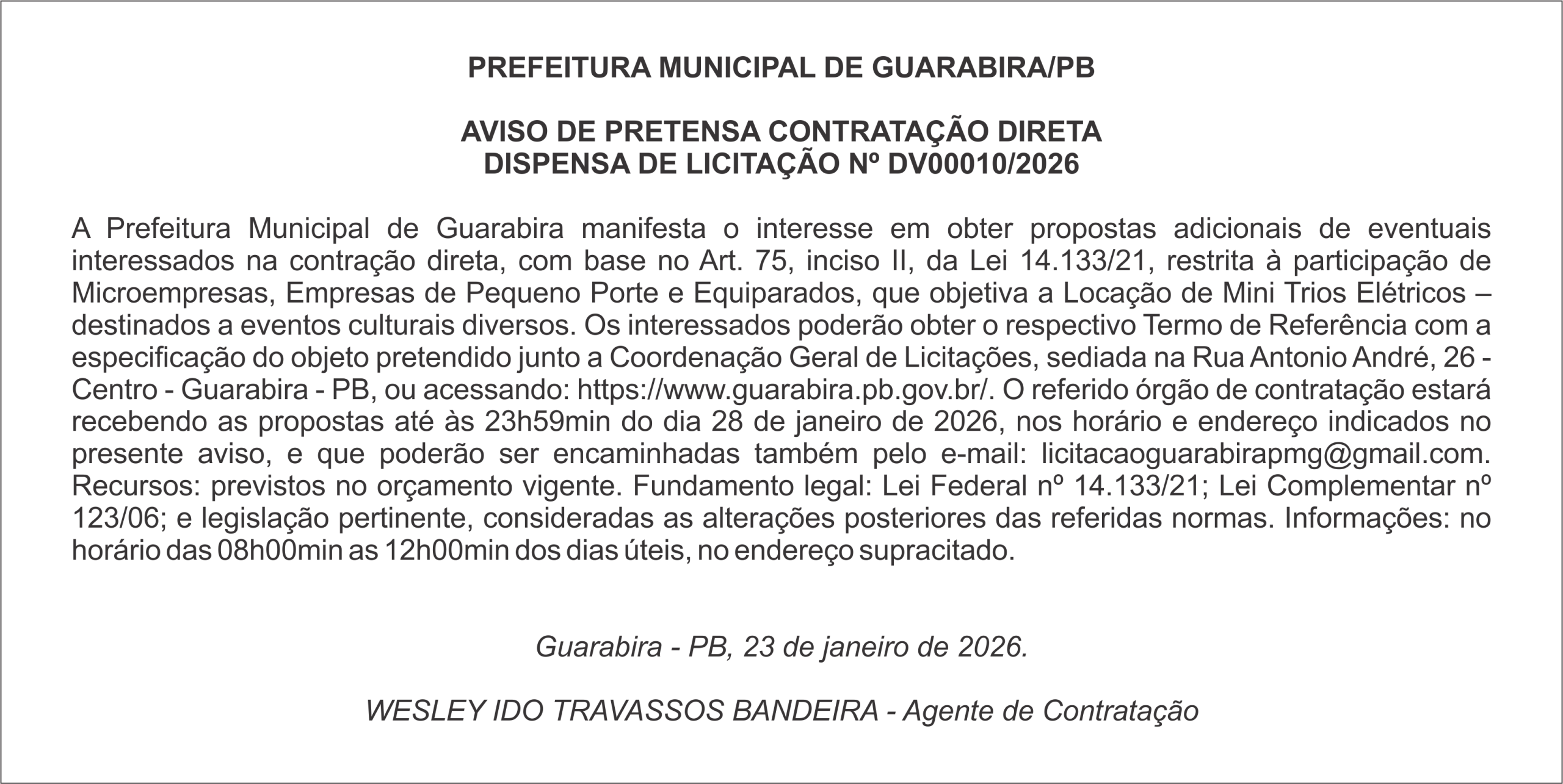PREFEITURA MUNICIPAL DE GUARABIRA/PB – AVISO DE PRETENSA CONTRATAÇÃO DIRETA  – DISPENSA DE LICITAÇÃO Nº DV00010/2026
