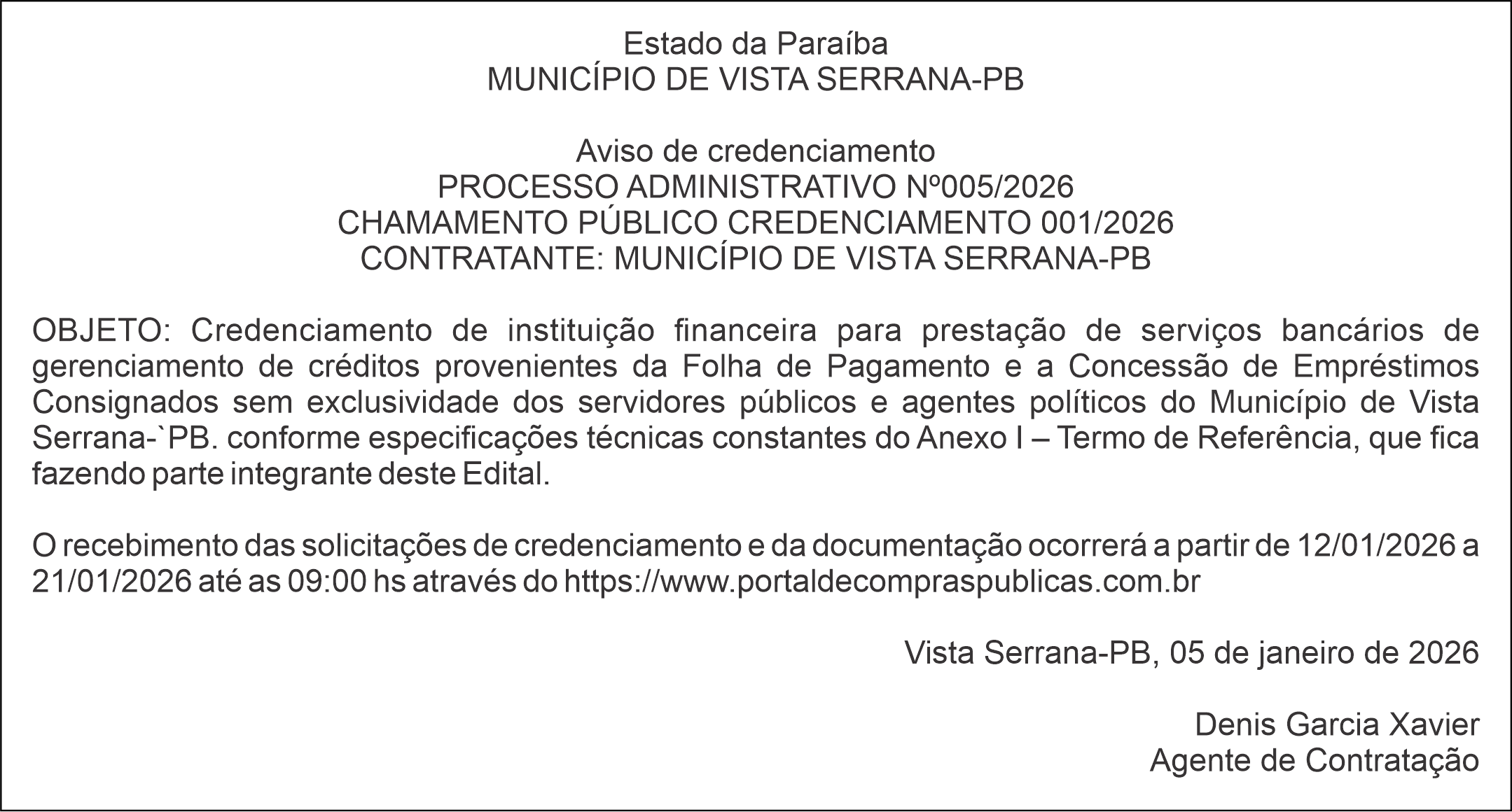 PREFEITURA DE VISTA SERRANA – CHAMAMENTO PUBLICO CREDENCIAMENTO 001/2026