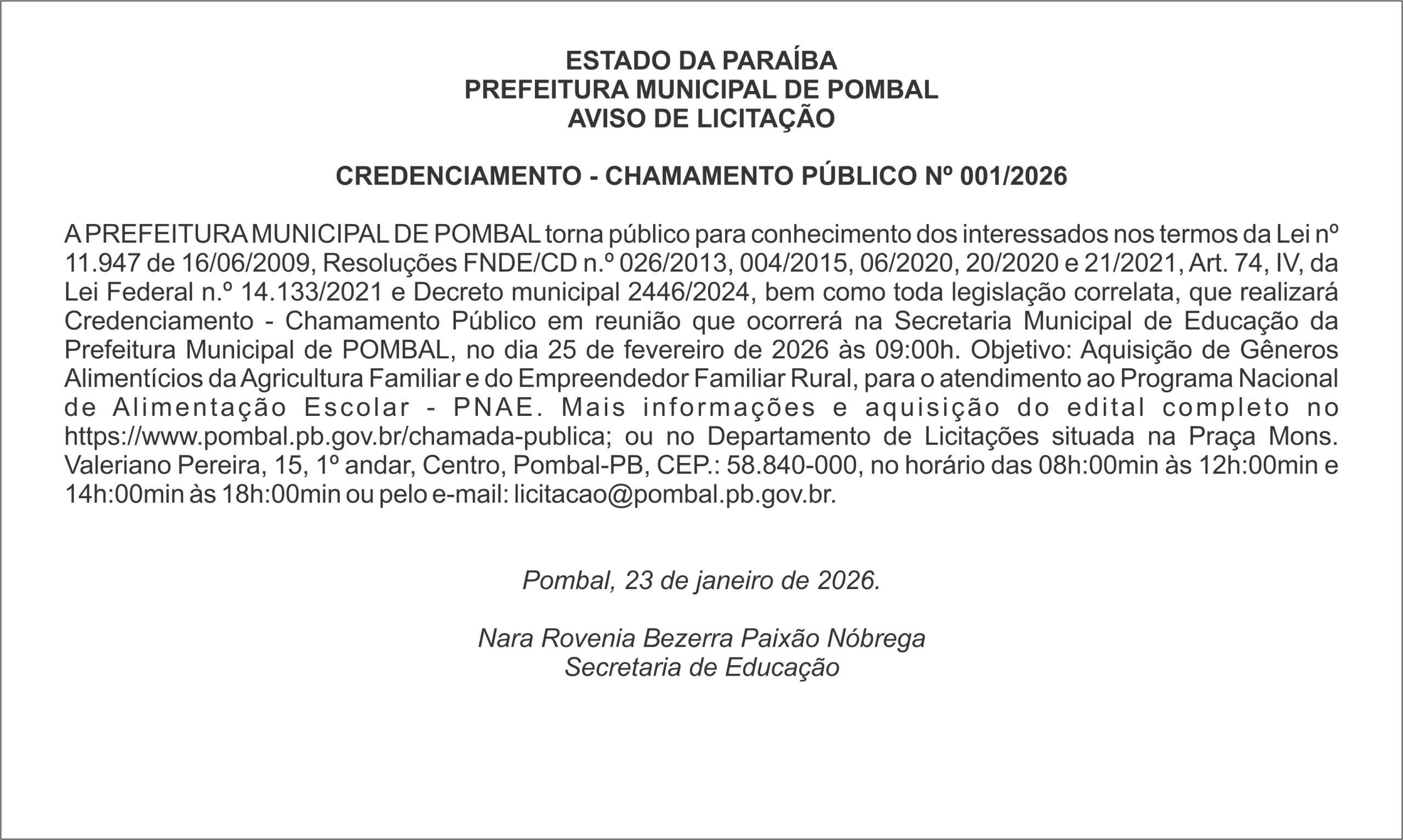 PREFEITURA MUNICIPAL DE POMBAL – AVISO DE LICITAÇÃO  CREDENCIAMENTO – CHAMAMENTO PÚBLICO Nº 001/2026