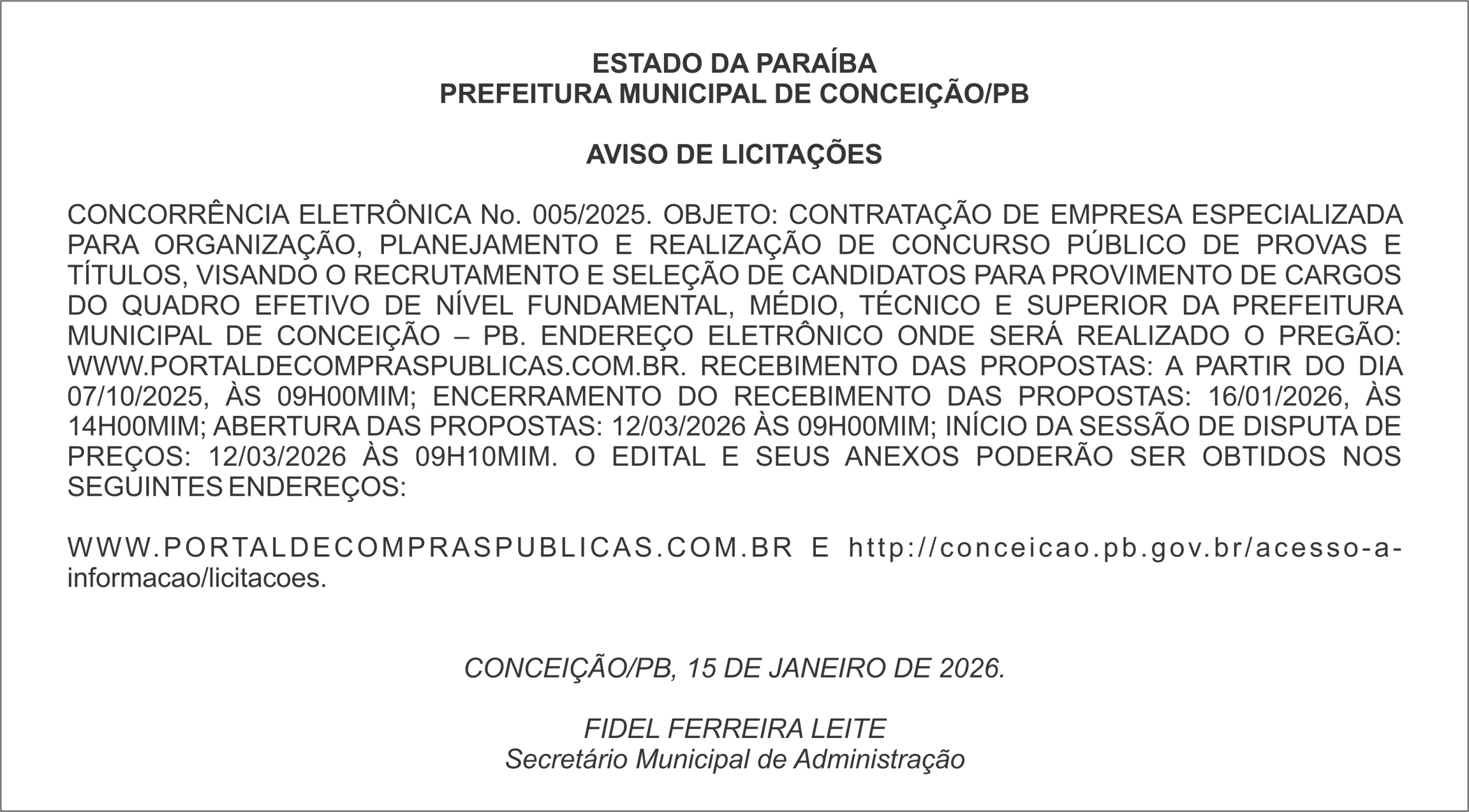 PREFEITURA MUNICIPAL DE CONCEIÇÃO/PB – AVISO DE LICITAÇÕES  CONCORRÊNCIA ELETRÔNICA No. 005/2025
