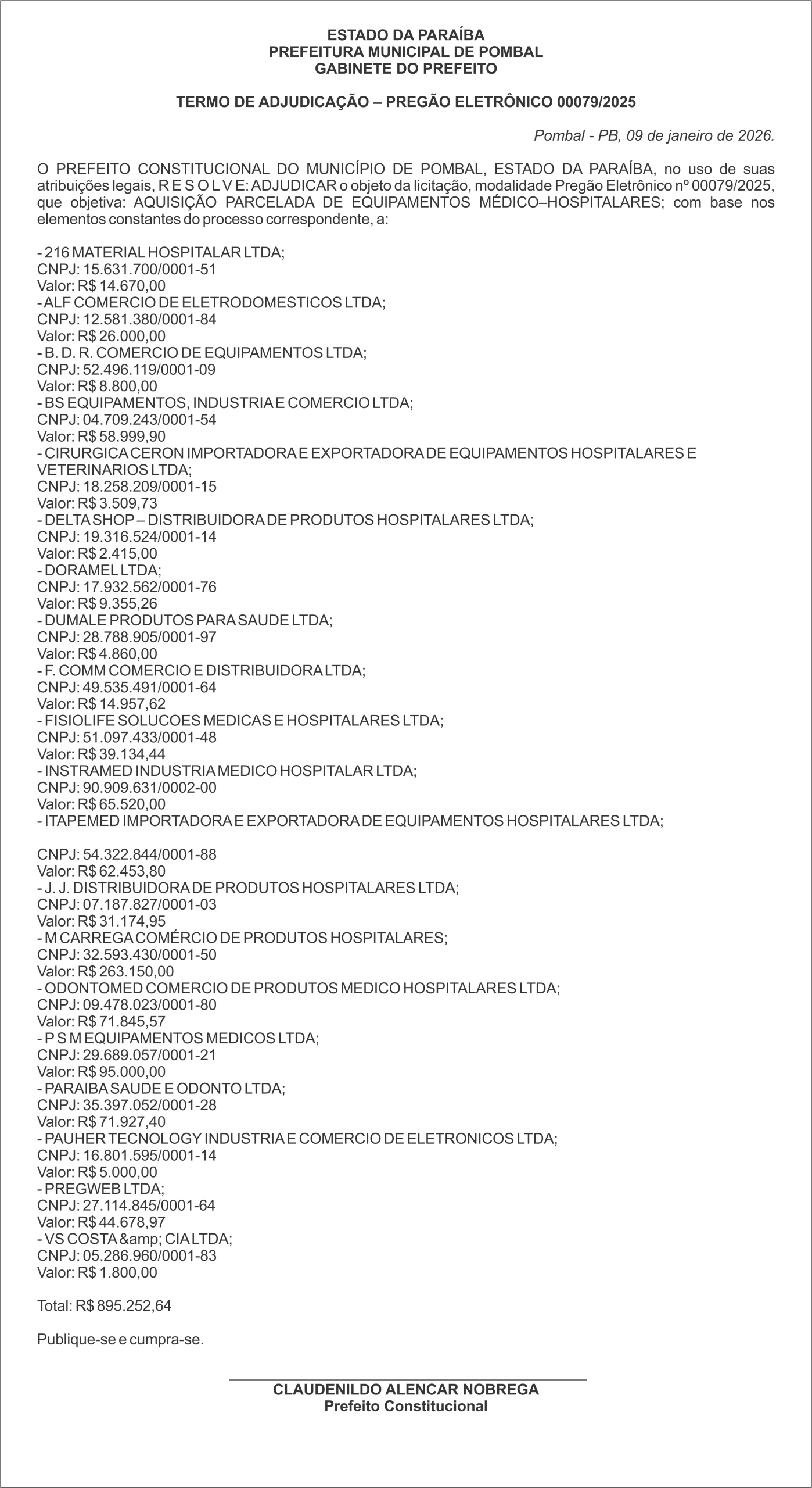 PREFEITURA MUNICIPAL DE POMBAL – TERMO DE ADJUDICAÇÃO  – PREGÃO ELETRÔNICO Nº 079/2025