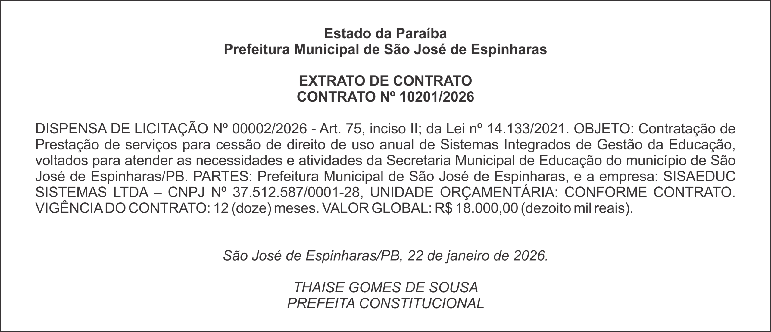 PREFEITURA DE SÃO  JOSÉ DE ESPINHARAS – EXTRATO DE CONTRATO