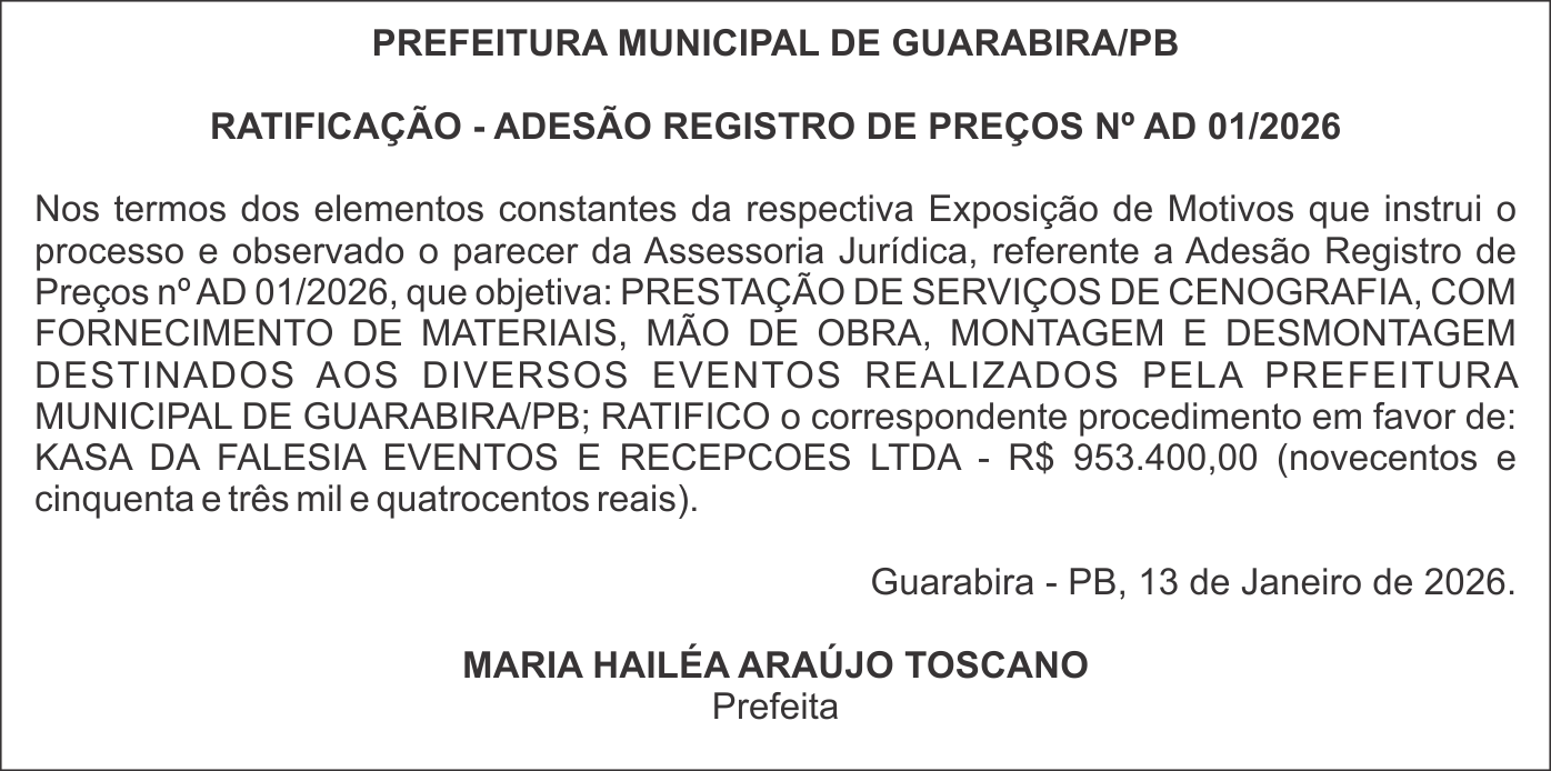 PREFEITURA MUNICIPAL DE GUARABIRA/PB  RATIFICAÇÃO – ADESÃO REGISTRO DE PREÇOS Nº AD 01/2026