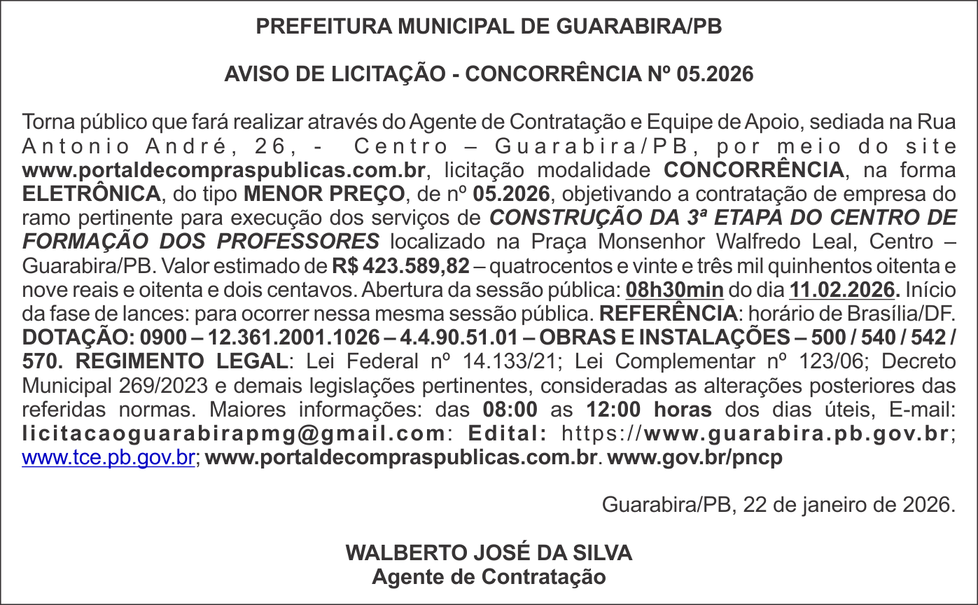 PREFEITURA MUNICIPAL DE GUARABIRA/PB – AVISO DE LICITAÇÃO – CONCORRÊNCIA Nº 05.2026