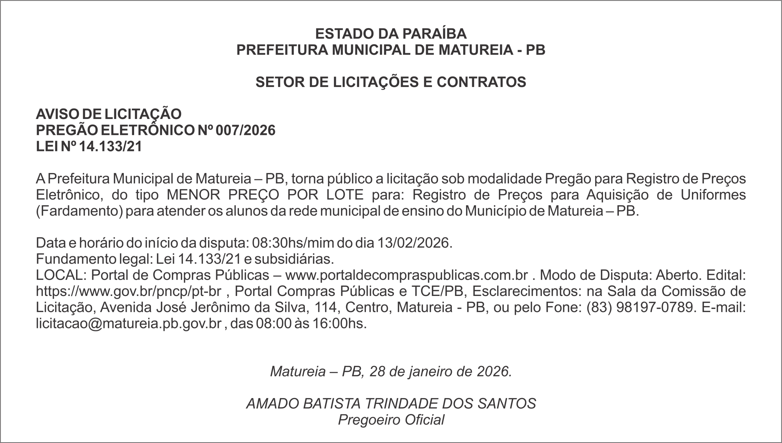 PREFEITURA MUNICIPAL DE MATUREIA – PB – AVISO DE LICITAÇÃO – PREGÃO ELETRÔNICO Nº 007/2026