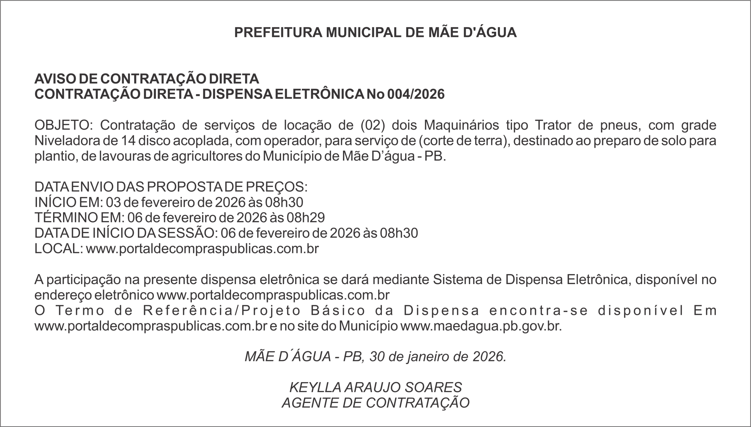 PREFEITURA DE MÃE D’ÁGUA – CONTRATAÇÃO DIRETA – DISPENSA ELETRÔNICA No 004/2026