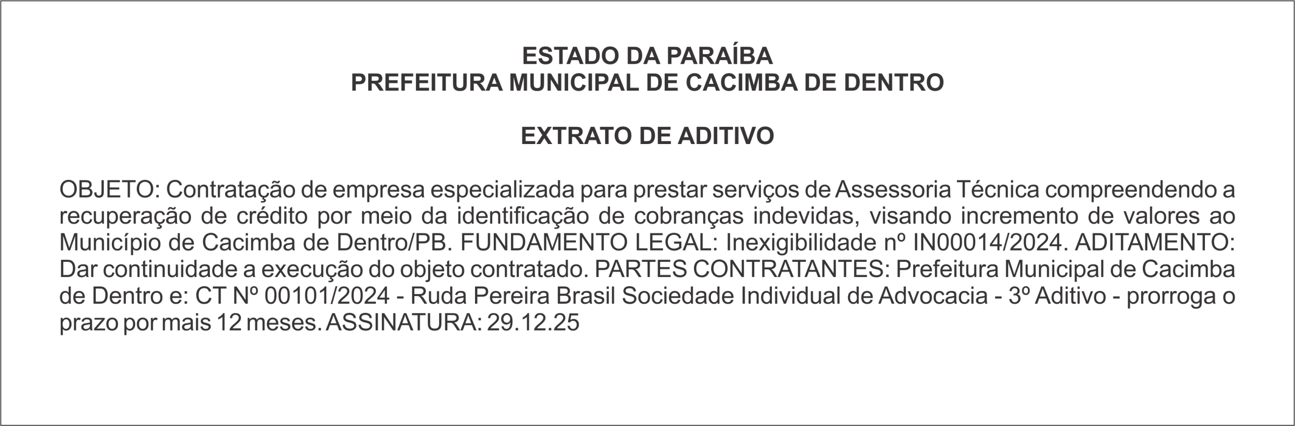 PREFEITURA MUNICIPAL DE CACIMBA DE DENTRO – EXTRATO DE ADITIVO