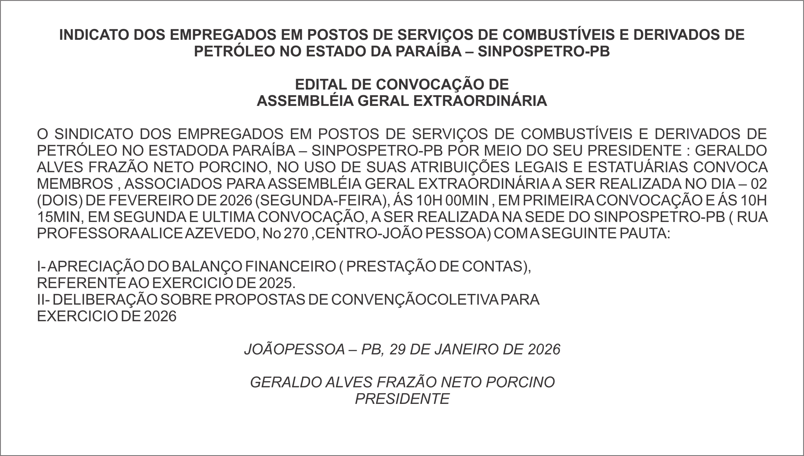 SINPOSPETRO-PB  – EDITAL DE CONVOCAÇÃO DE ASSEMBLEIA GERAL EXTRAORDINÁRIA