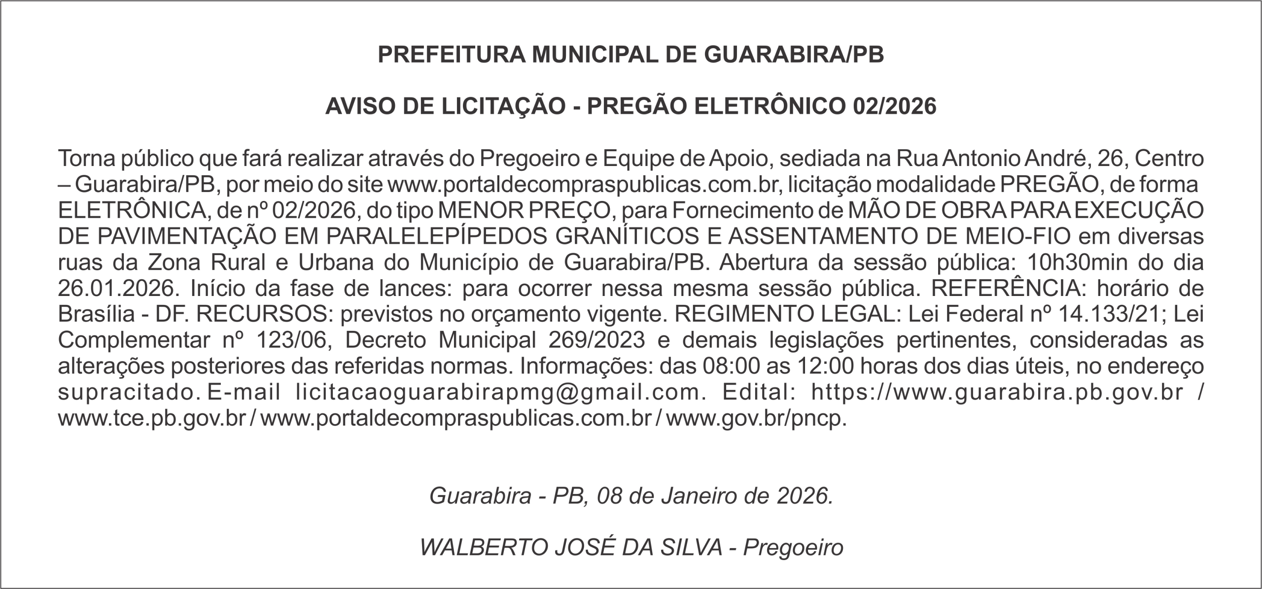 PREFEITURA MUNICIPAL DE GUARABIRA/PB AVISO DE LICITAÇÃO – PREGÃO ELETRÔNICO 02/2026