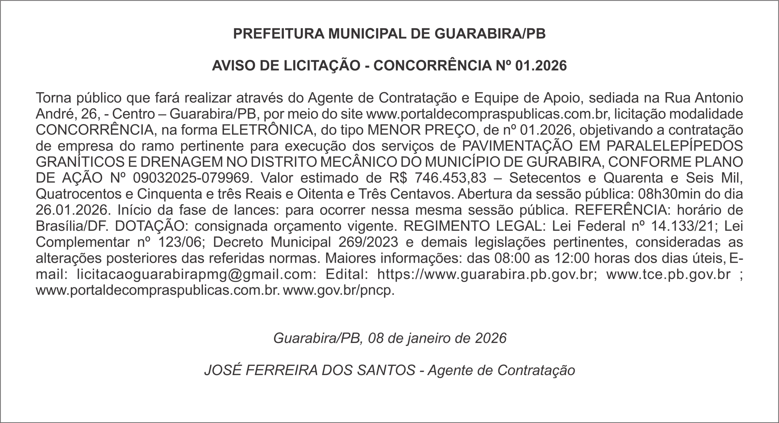 PREFEITURA MUNICIPAL DE GUARABIRA/PB – CONCORRÊNCIA