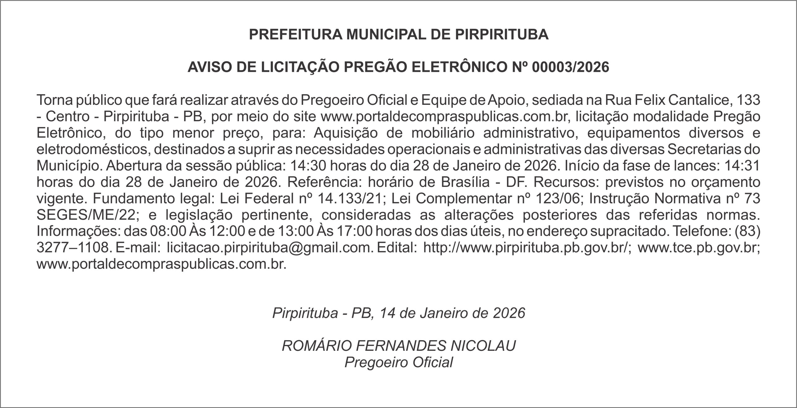 PREFEITURA MUNICIPAL DE PIRPIRITUBA – AVISO DE LICITAÇÃO – PREGÃO ELETRÔNICO Nº 00003/2026