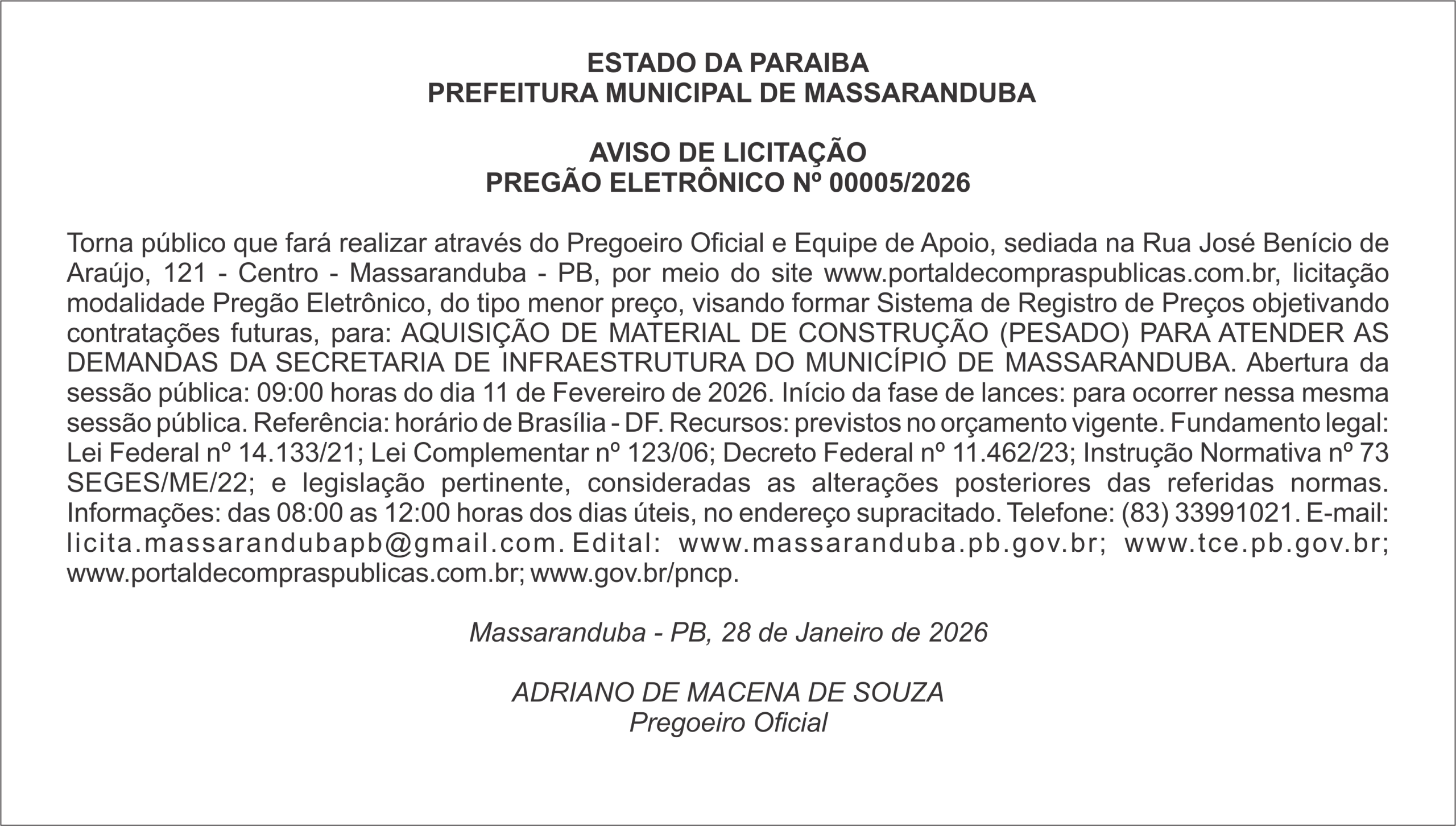 PREFEITURA MUNICIPAL DE MASSARANDUBA – AVISO DE LICITAÇÃO – PREGÃO ELETRÔNICO Nº 00005/2026