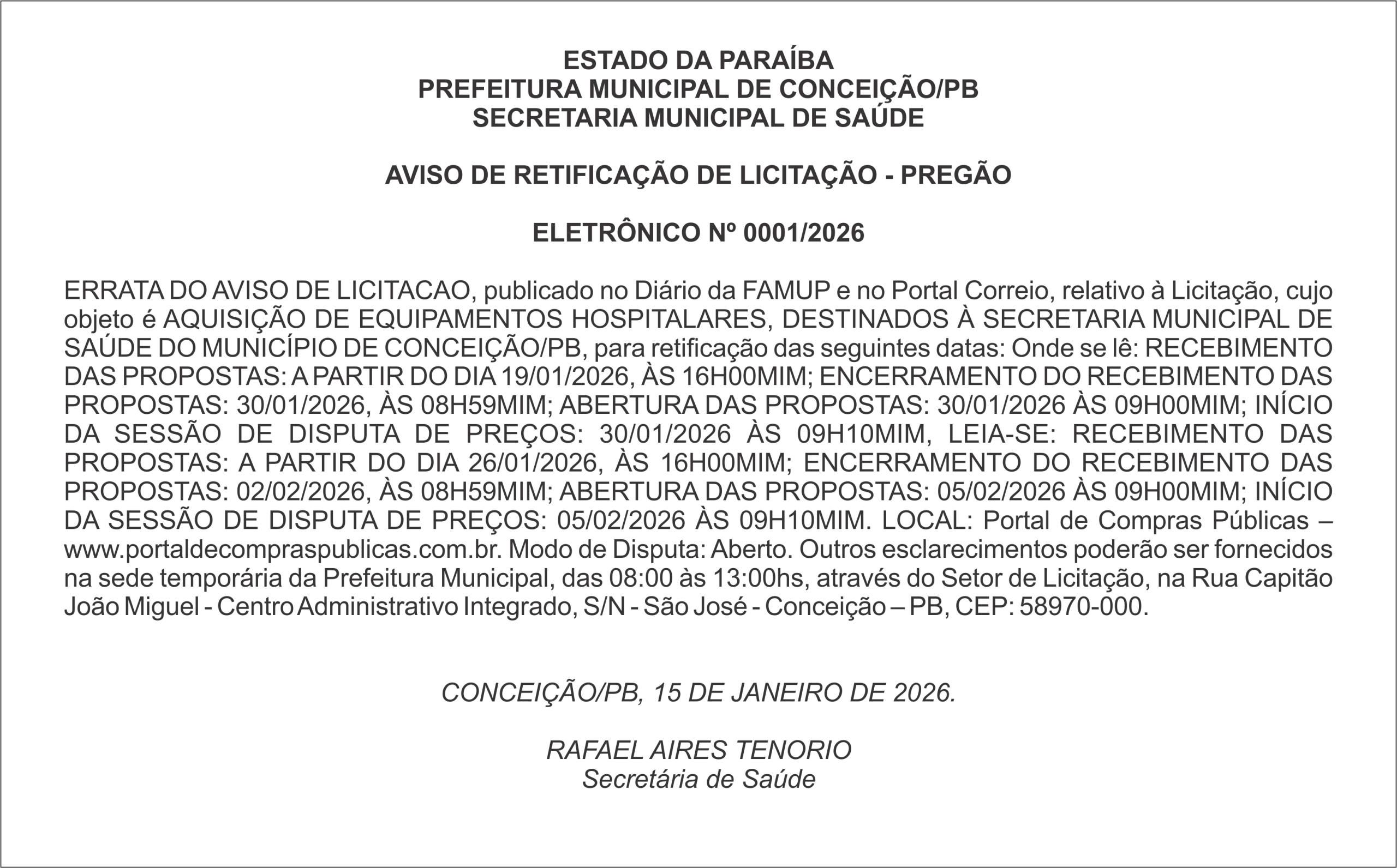 PREFEITURA MUNICIPAL DE CONCEIÇÃO/PB – AVISO DE RETIFICAÇÃO DE LICITAÇÃO – PREGÃO  ELETRÔNICO Nº 0001/2026