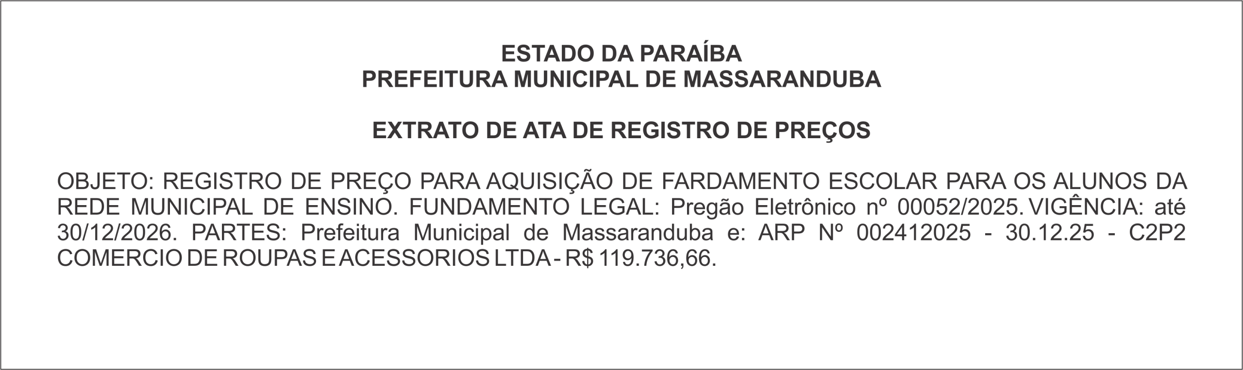 PREFEITURA MUNICIPAL DE MASSARANDUBA – EXTRATO DE ATA DE REGISTRO DE PREÇOS