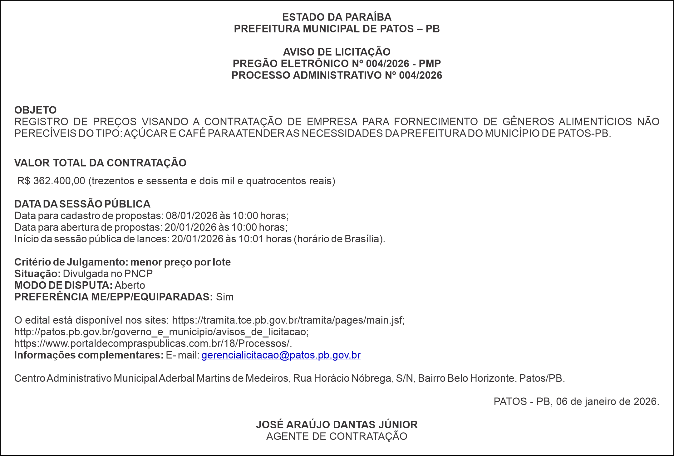 PREFEITURA MUNICIPAL DE PATOS – PB – PREGÃO ELETRÔNICO Nº 004/2026 – PMP