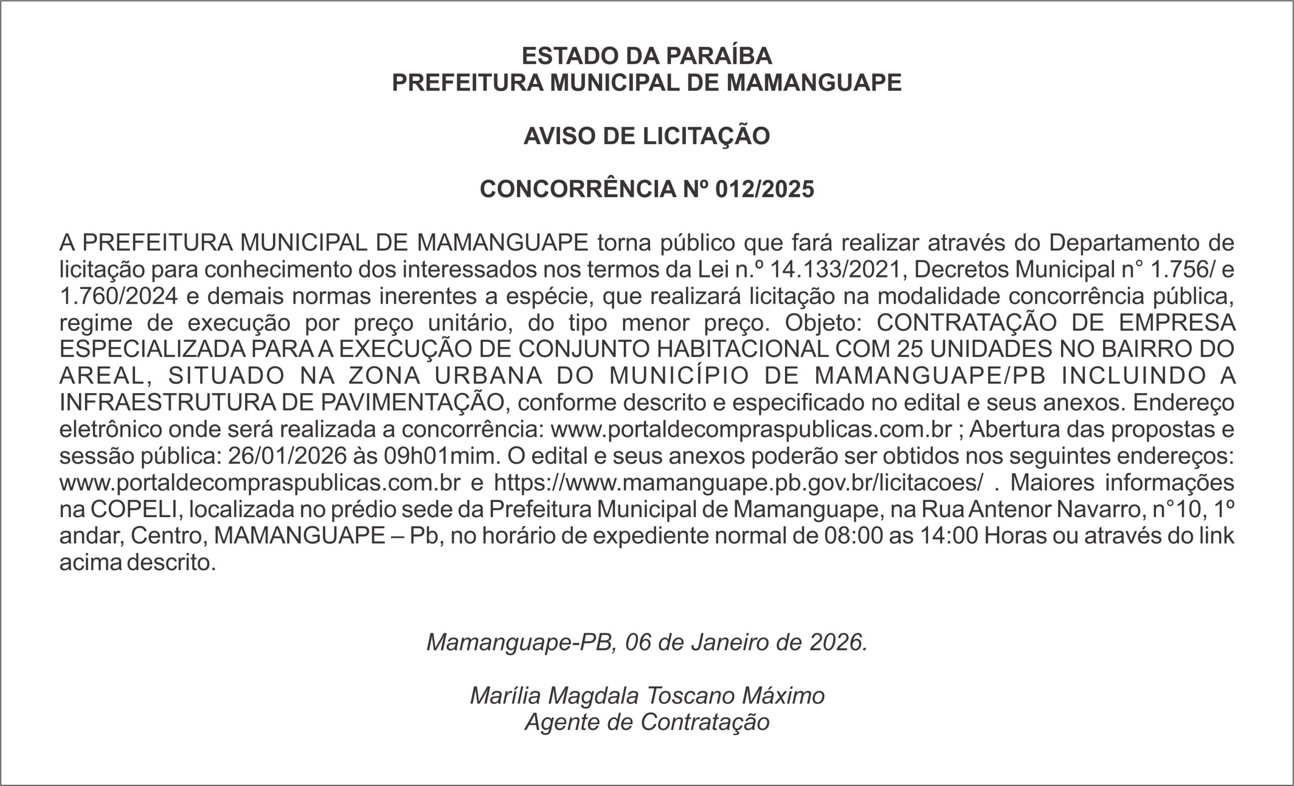 PREFEITURA MUNICIPAL DE MAMANGUAPE – AVISO DE LICITAÇÃO – CONCORRÊNCIA Nº 012/2025