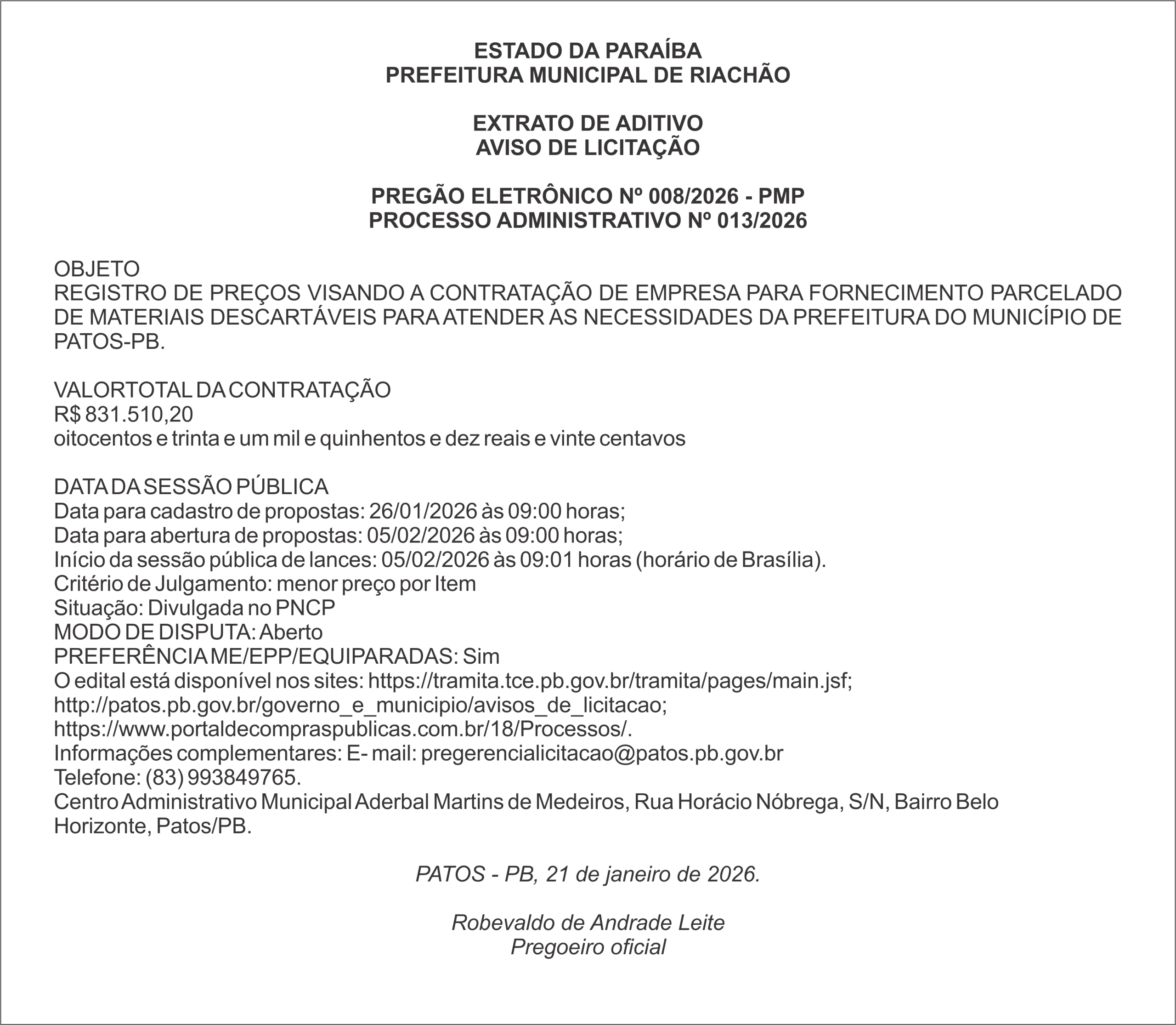 PREFEITURA MUNICIPAL DE PATOS – PB – PREGÃO ELETRÔNICO Nº 008/2026 – PMP